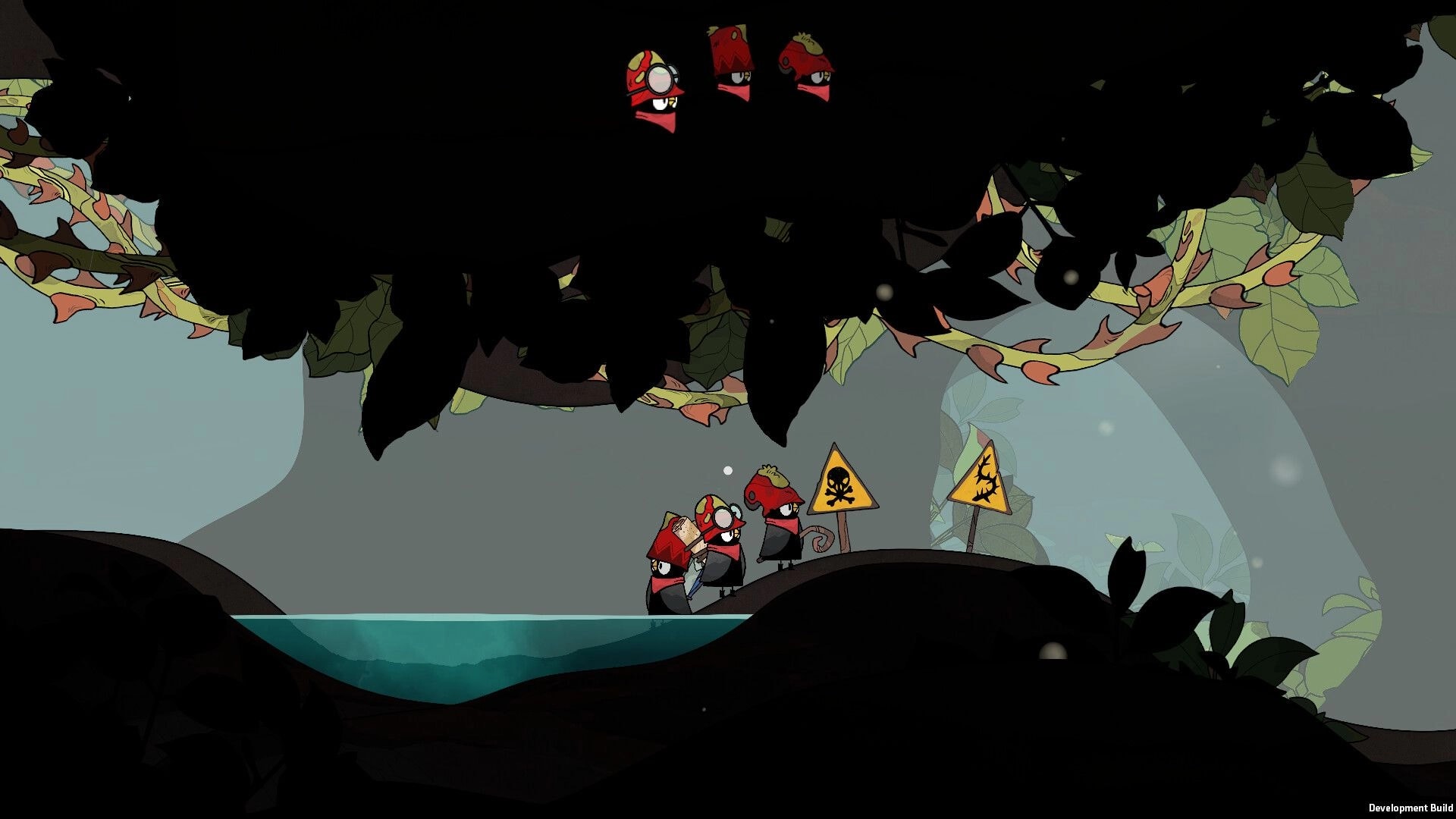 The Merlies: Three bird explorers pause by toxic warning signs beside a pond in a dark forest cave.