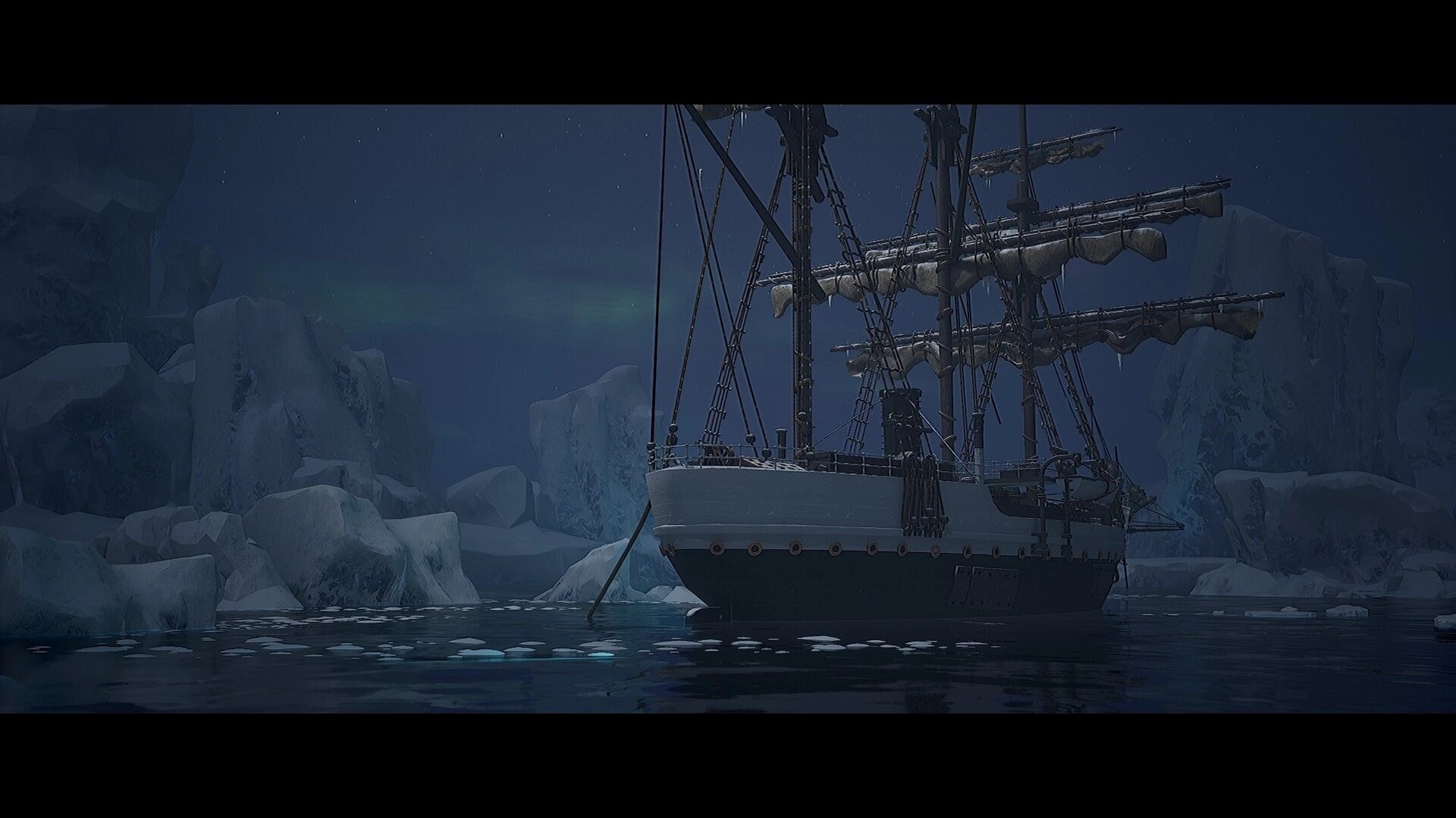 The Perilous North: Icebound sailing ship at anchor among towering glaciers under a starry night sky.