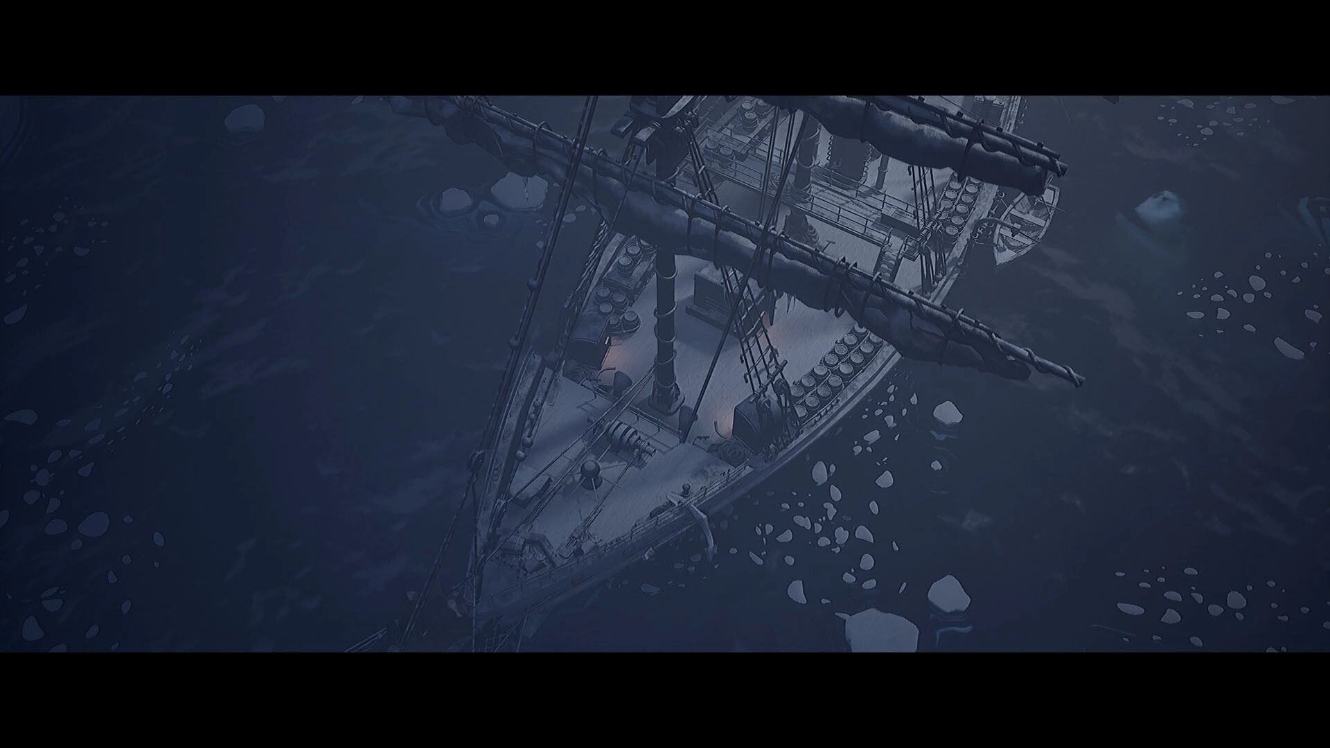 The Perilous North: Overhead view of a frost-covered sailing ship drifting through dark, icy waters.
