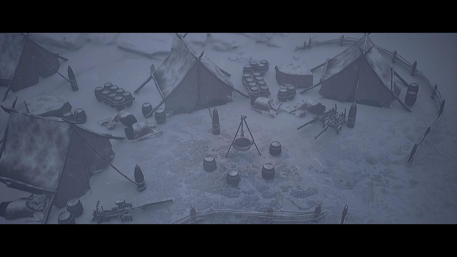 The Perilous North: Snowy camp overview with tents, barrels, and cooking tripod inside a fence.