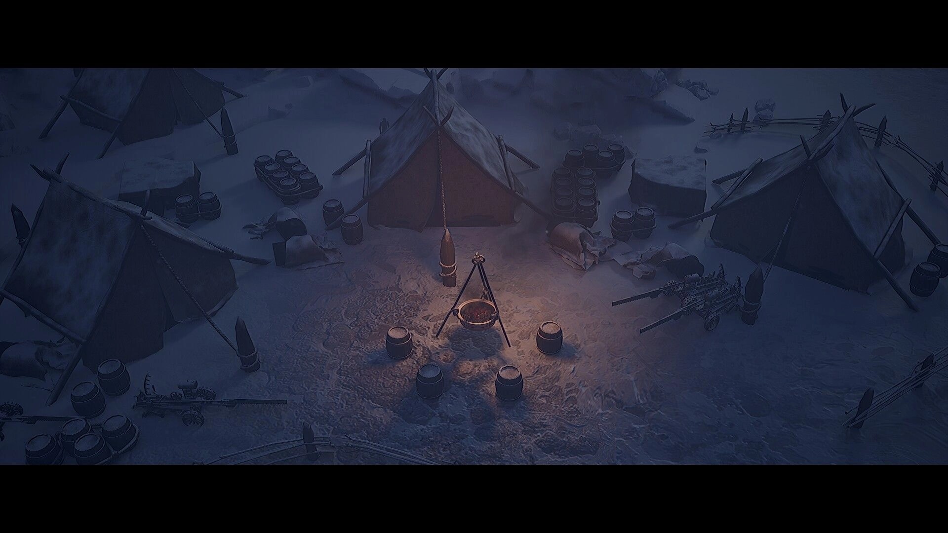 The Perilous North: Snowy camp with three tents around a hanging cookpot fire, barrels and sleds nearby.