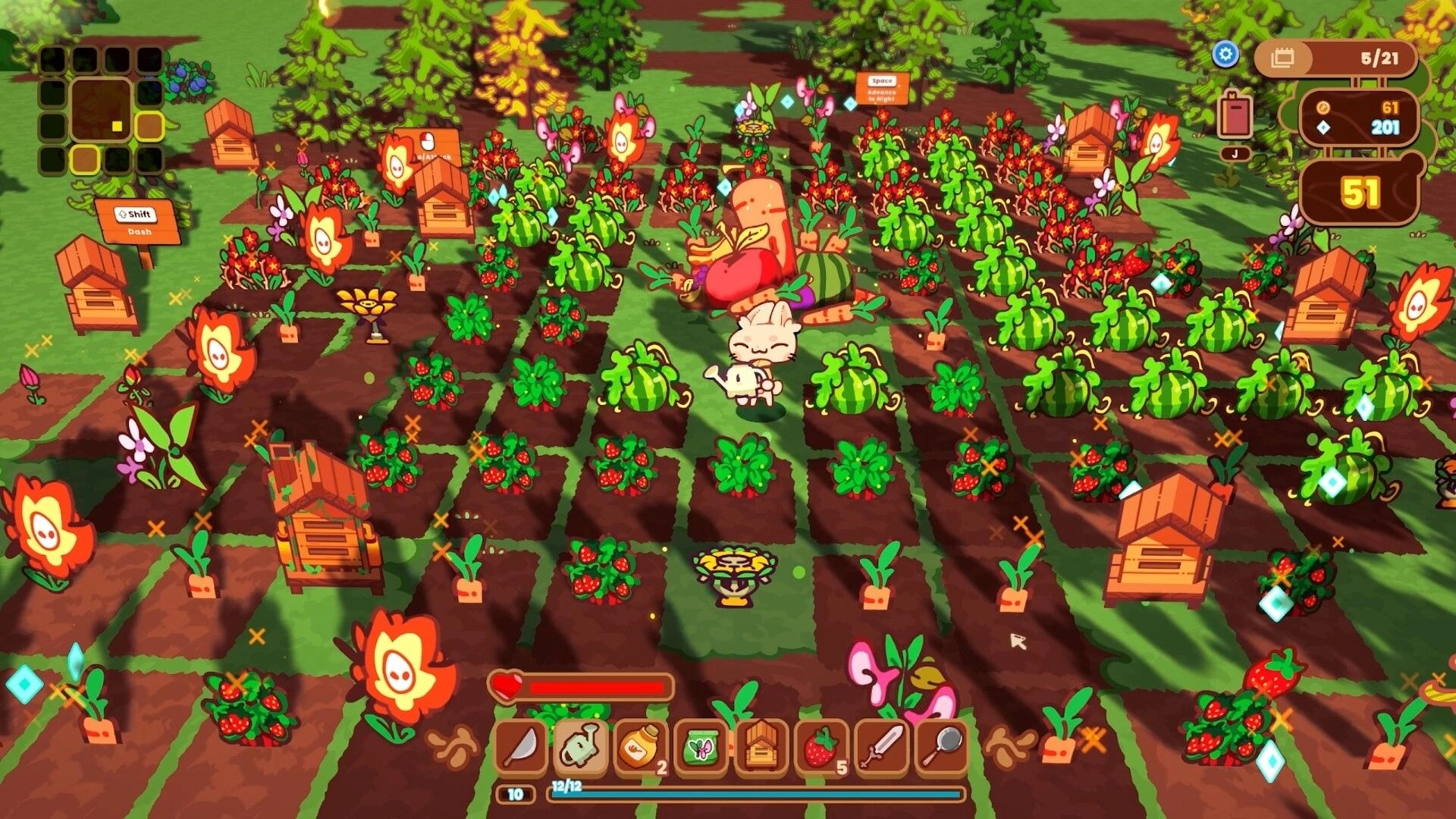 The Rabbit Haul: Rabbit tends crop rows with beehives and flowers on a busy farm UI hotbar visible.