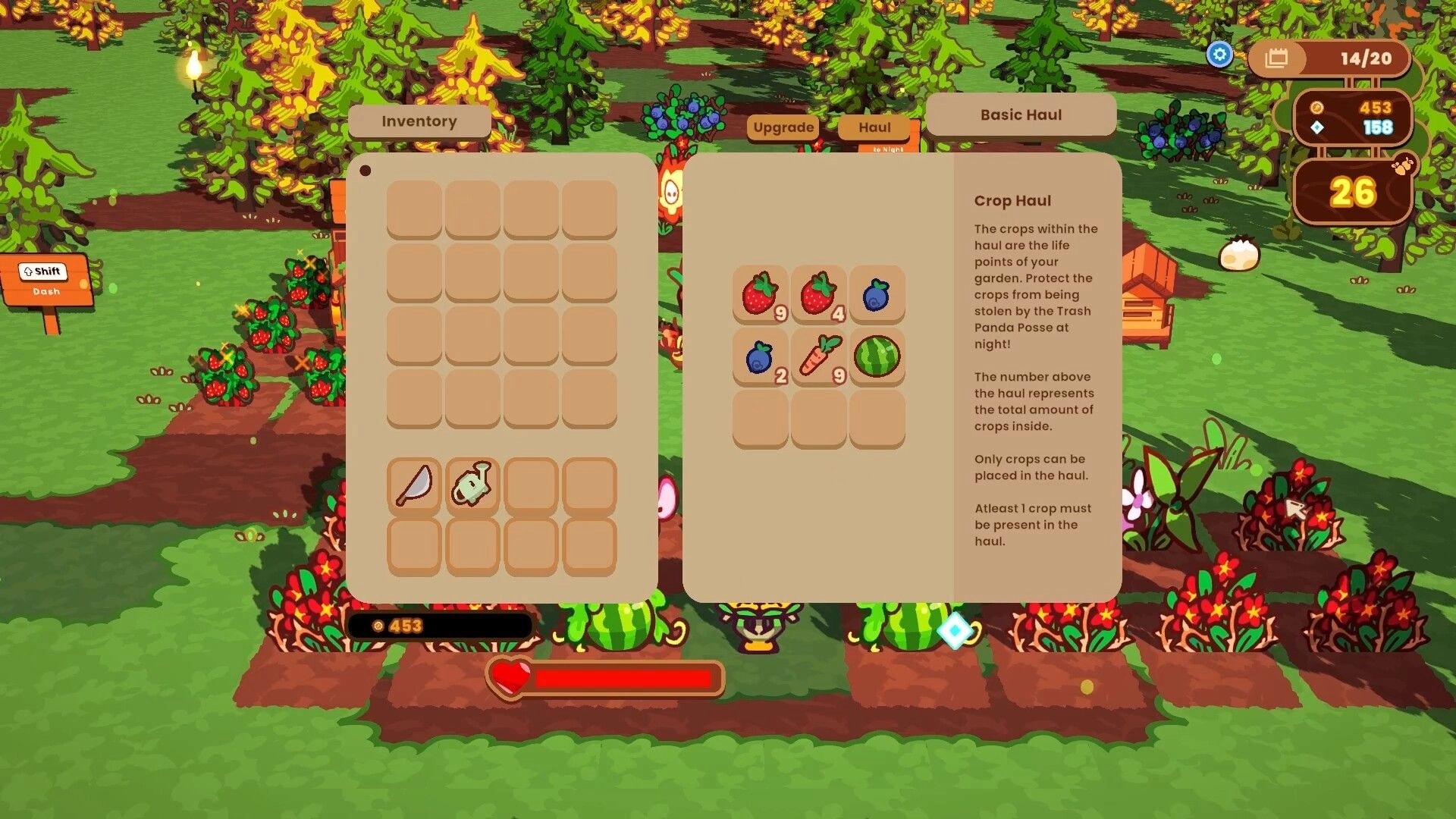 The Rabbit Haul: Inventory and Crop Haul menus over berry farm plots with upgrade and haul UI open.