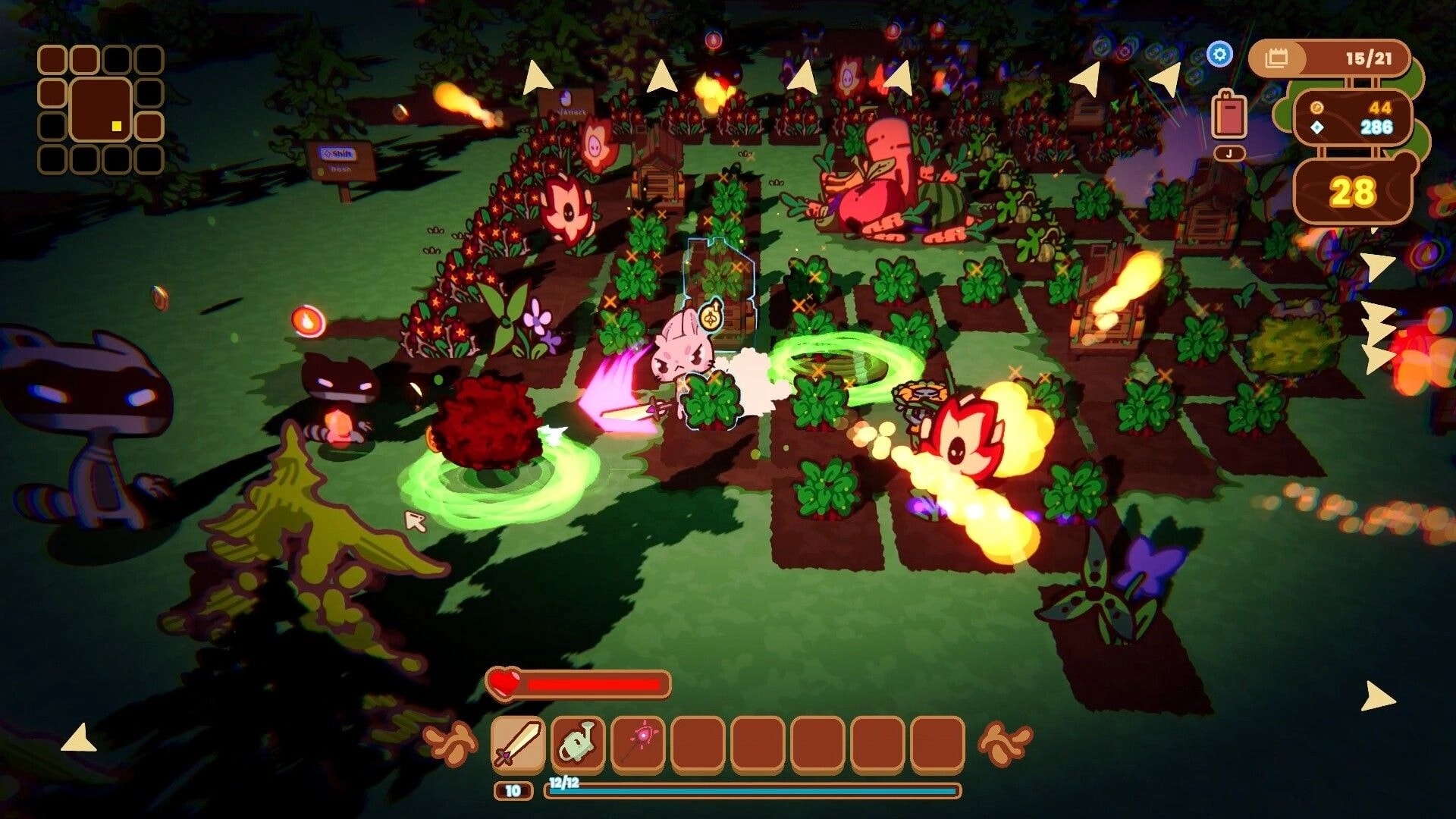 The Rabbit Haul: Rabbit slashes critters amid crop plots as fire turrets shoot, HUD shows 28 timer.