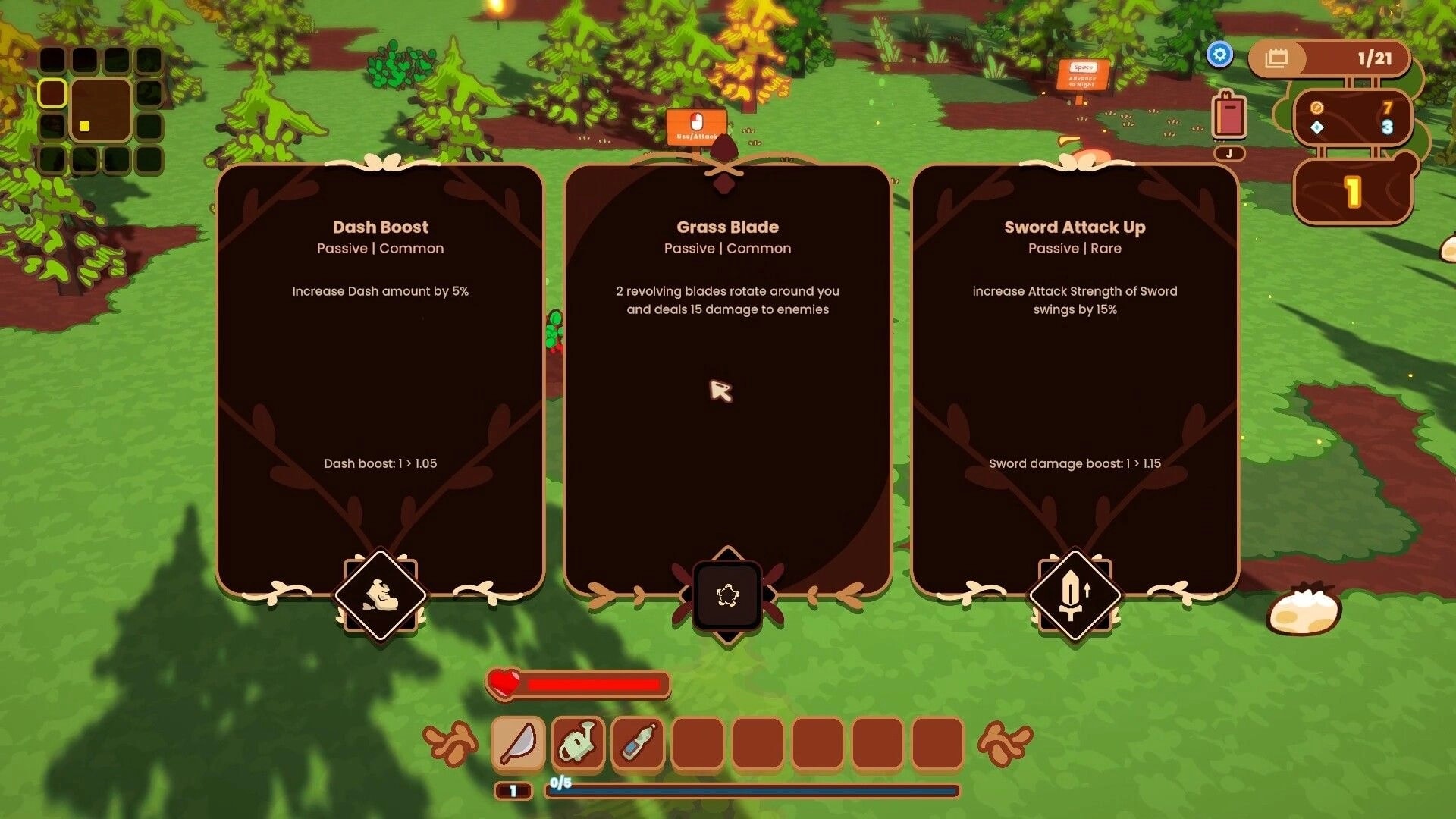 The Rabbit Haul: Upgrade choice menu with Dash Boost, Grass Blade, Sword Attack Up over forest path.