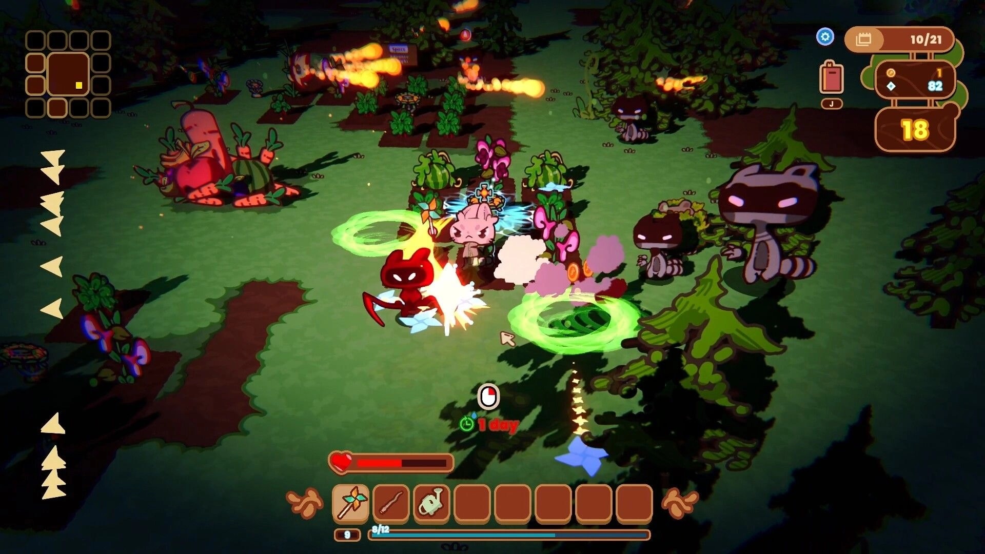 The Rabbit Haul: Rabbit fights raccoon raiders near crops and turrets in a forest farm at night.