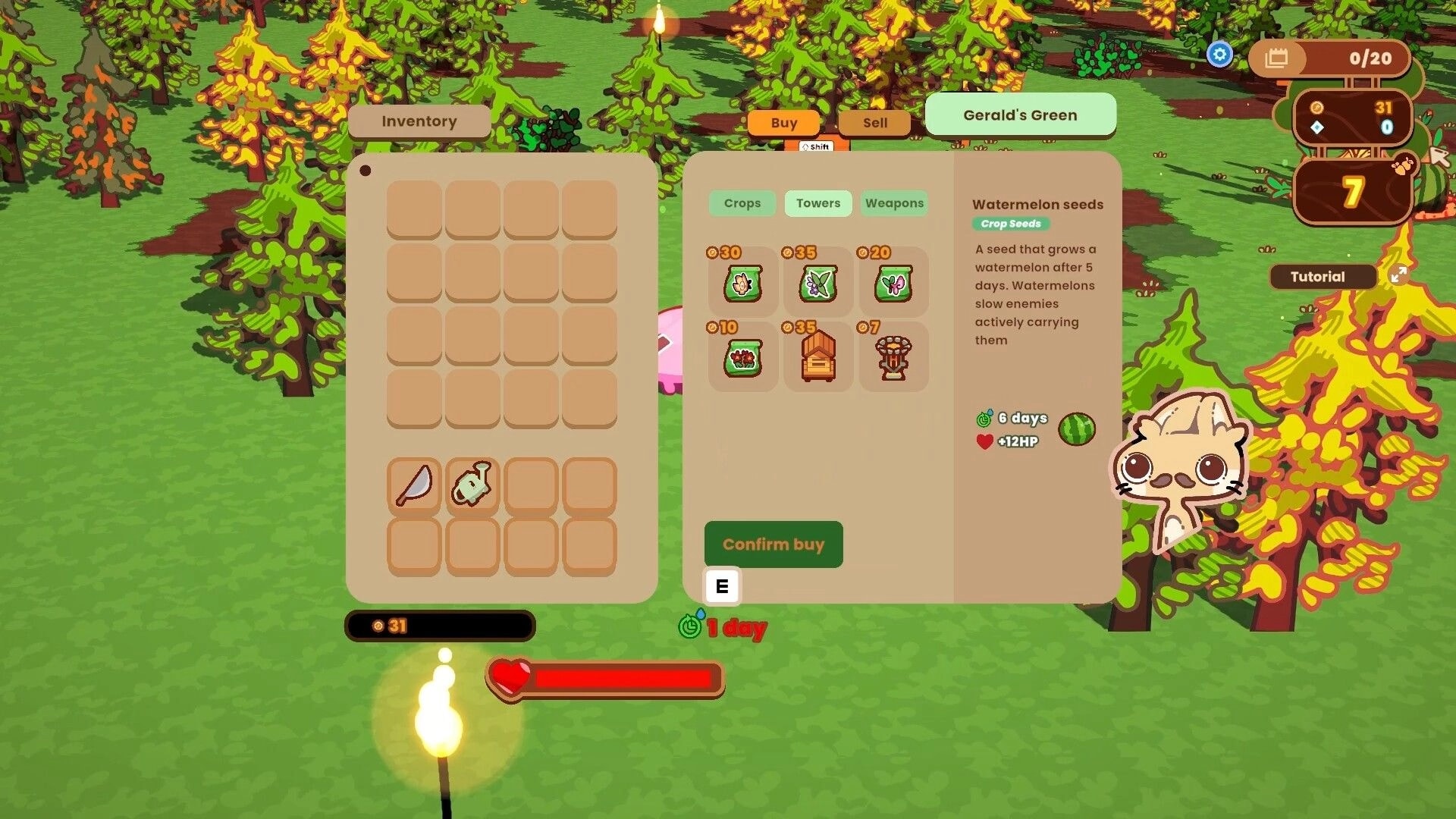 The Rabbit Haul: Buy menu open on watermelon seeds beside empty inventory in a forest clearing.