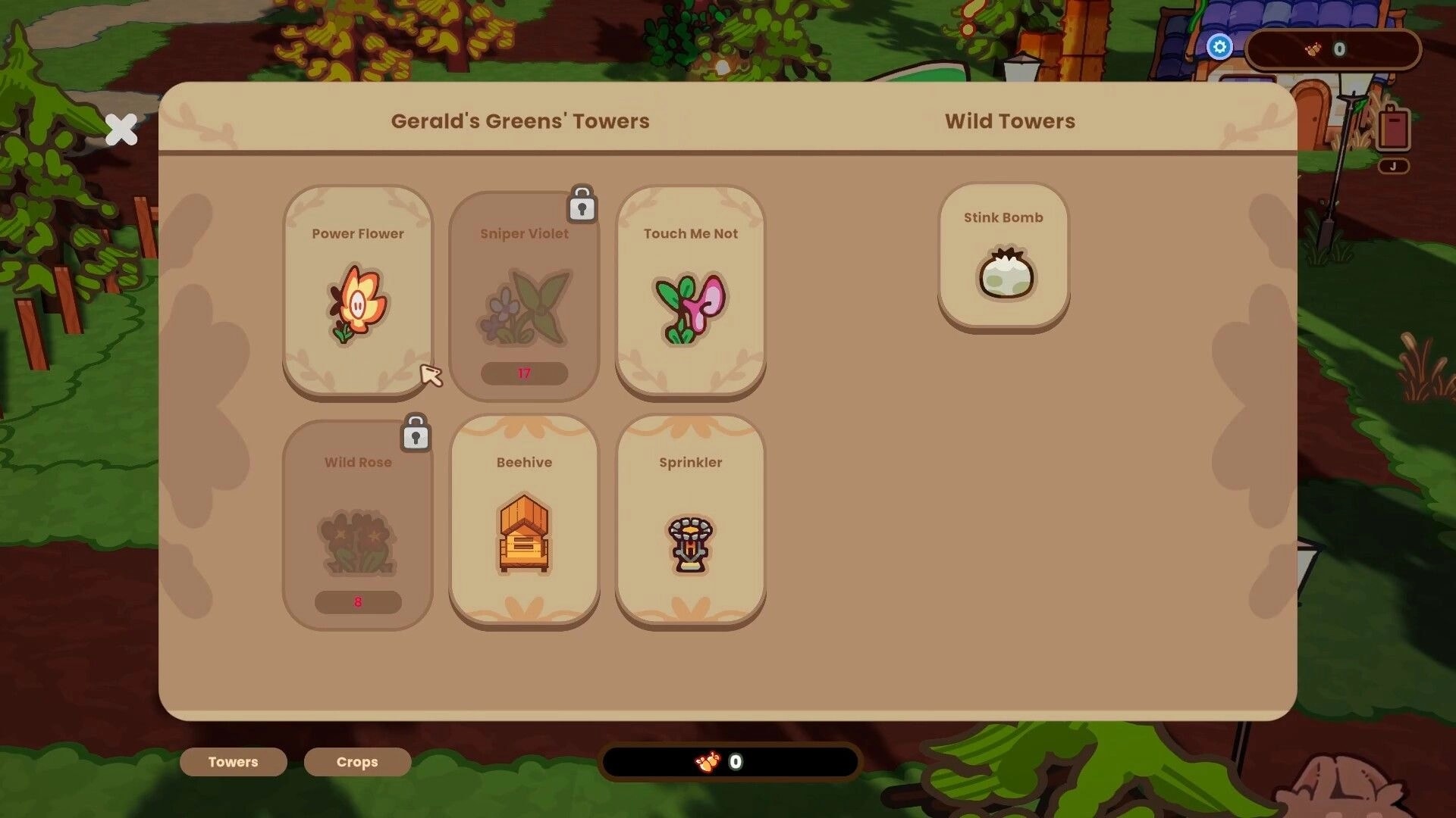 The Rabbit Haul: Tower selection menu with plant towers and locked slots over a farm backdrop.