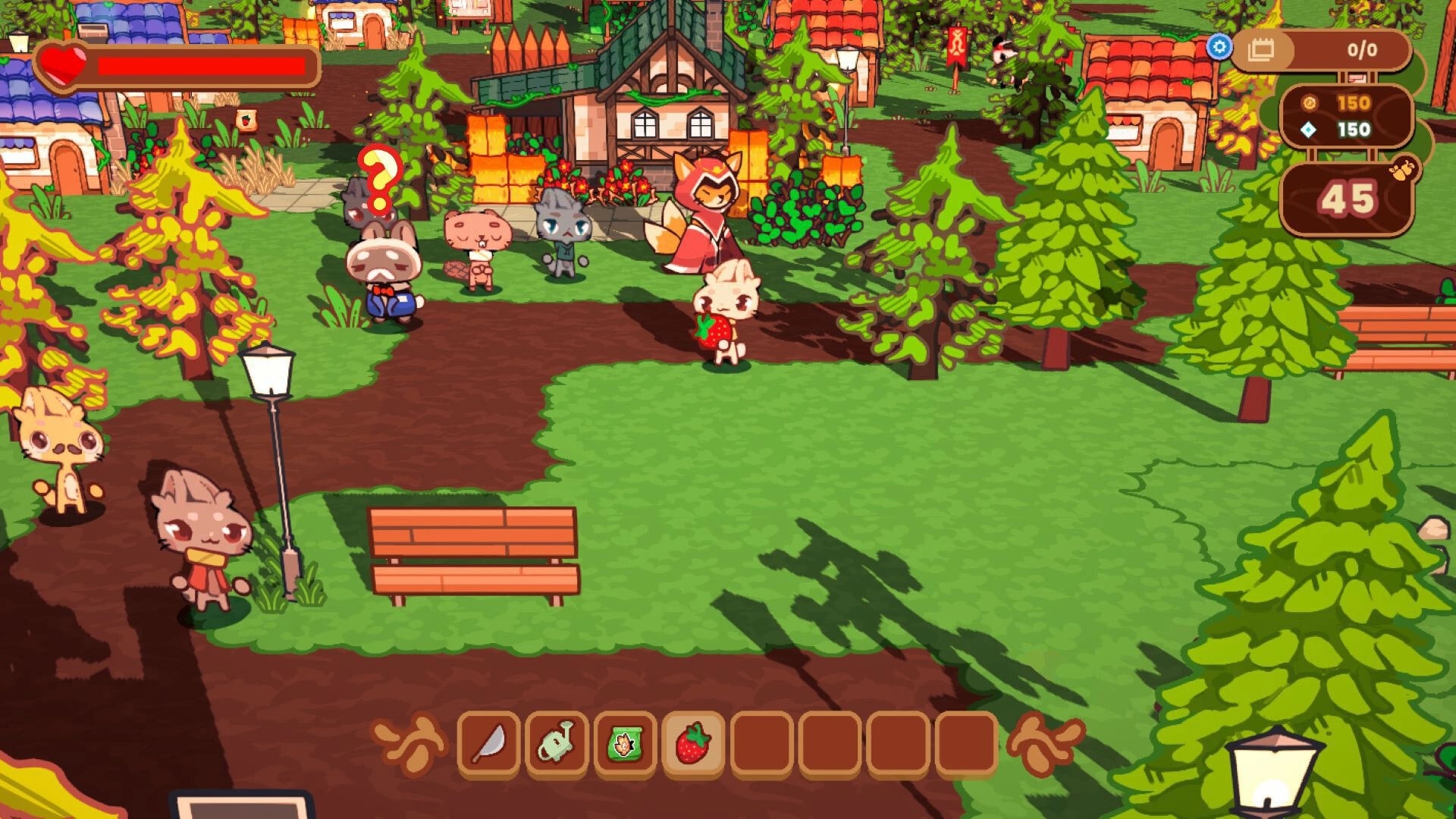 The Rabbit Haul: Animal villagers gather on a town path by houses and trees, with hotbar UI visible.