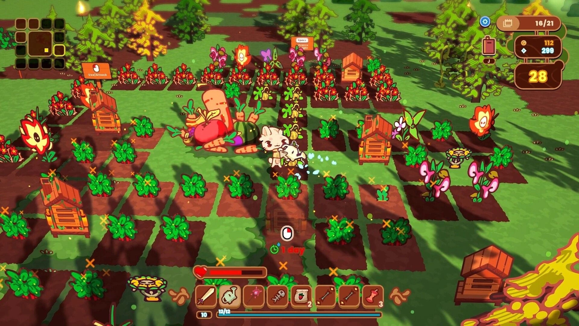 The Rabbit Haul: Rabbit waters crops beside huts and turrets on a grid farm, with HUD counters visible.