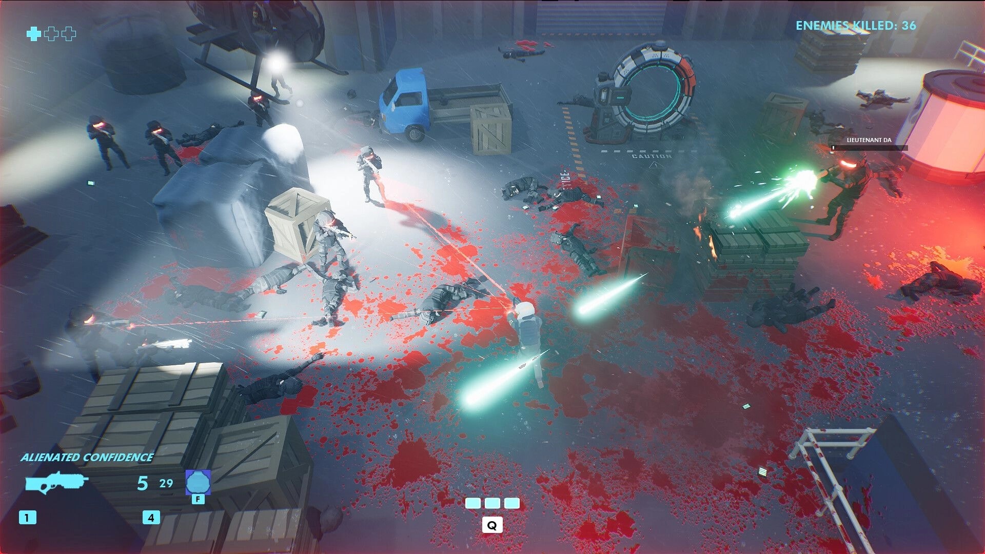 The Razorform: Intense combat with soldiers, glowing blades, and a helicopter in a chaotic facility setting