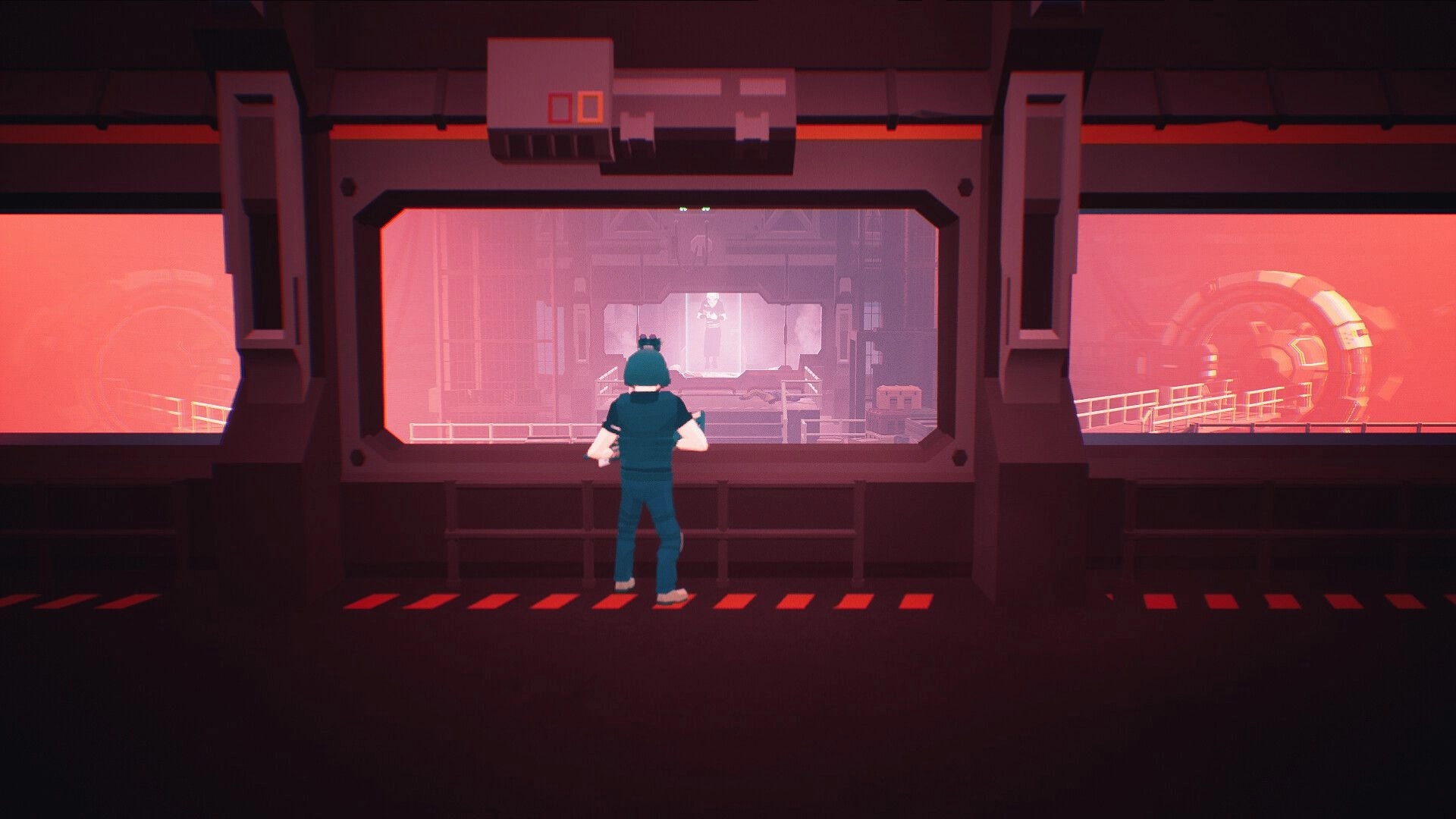 The Razorform: Character observing a glowing figure through a large window in a futuristic facility