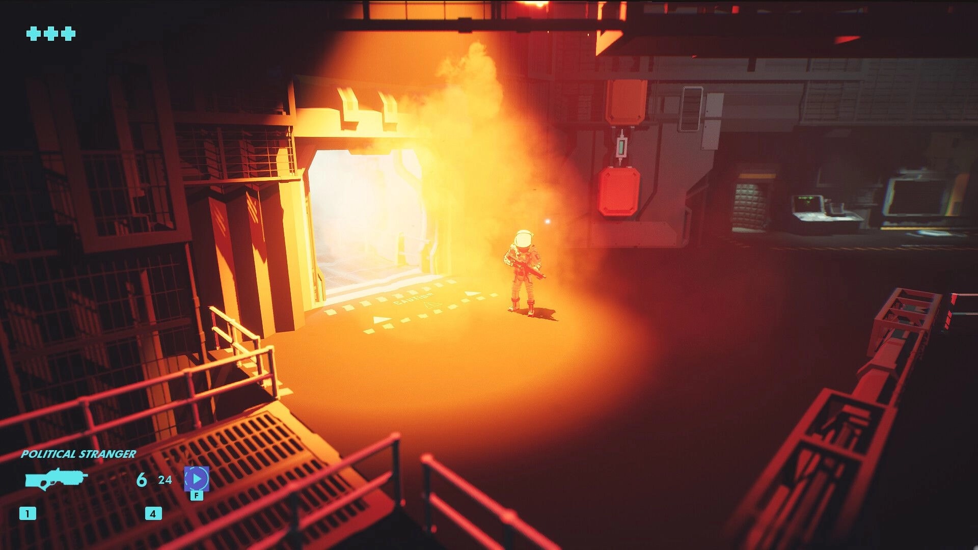 The Razorform: Character entering glowing doorway in dimly lit facility with UI displaying weapon stats