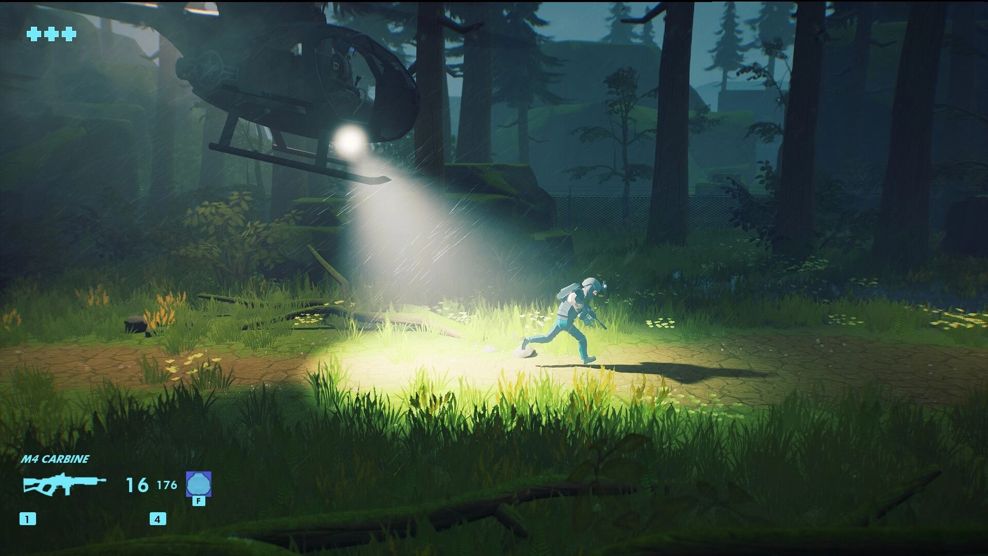 The Razorform: Player running with M4 Carbine under helicopter spotlight in dense forest environment