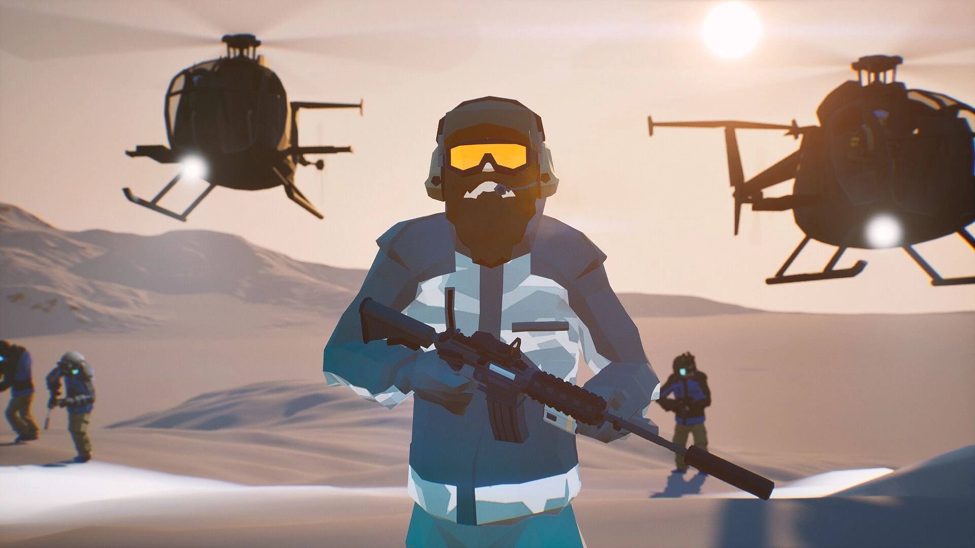 The Razorform: Soldier with rifle in snowy desert setting, helicopters hovering in the background