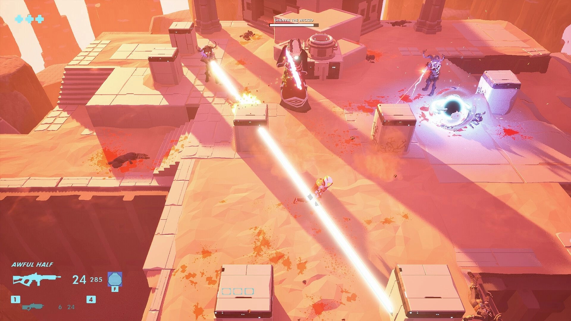 The Razorform: Player battles Shenwe the Wicked using cover and weapons in a sunlit desert facility