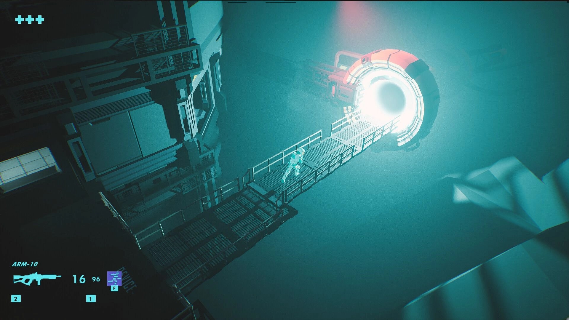 The Razorform: Player runs across a metal bridge towards a glowing portal in a dark research facility