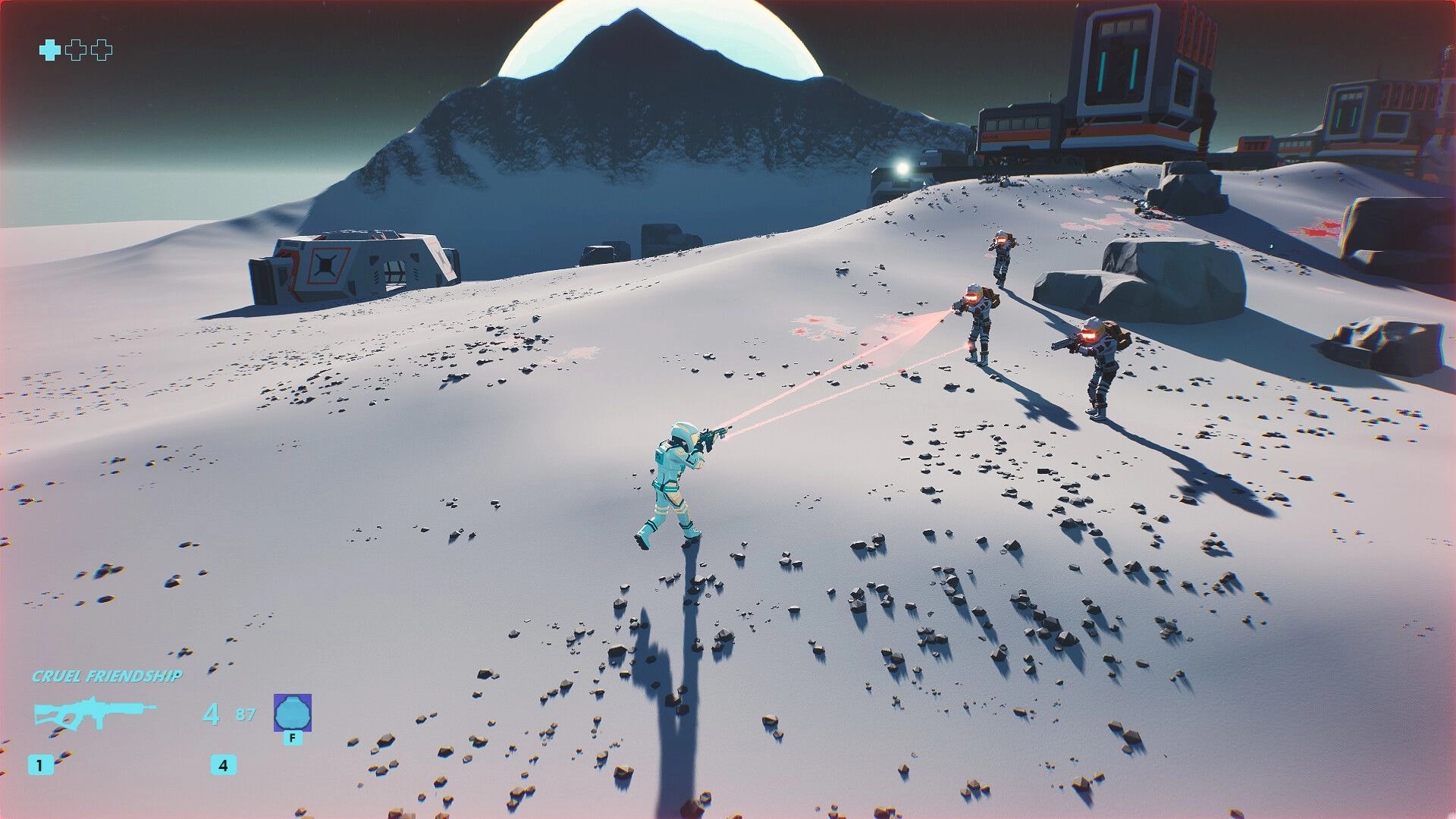 The Razorform: Player character in snowy combat with enemies, distant facility and mountain backdrop