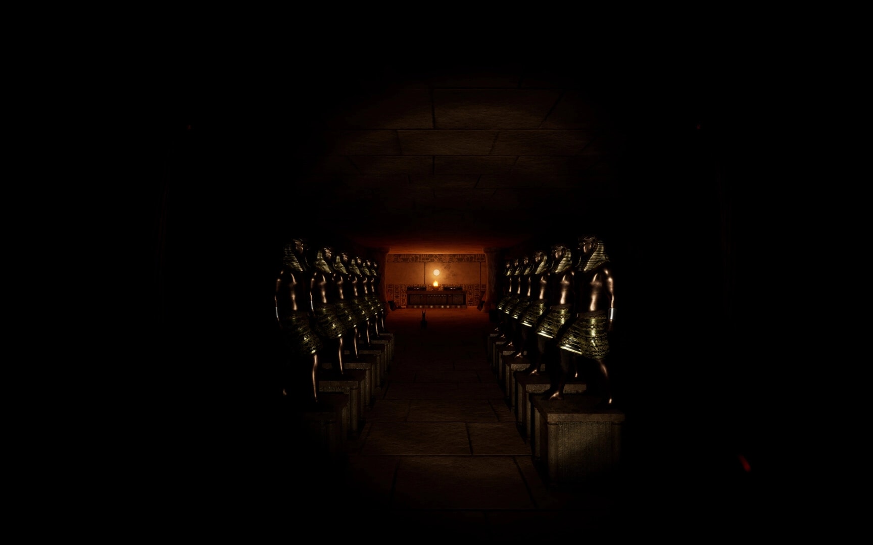 The Third: Dark corridor lined with ancient statues leading to a dimly lit altar in a cursed temple