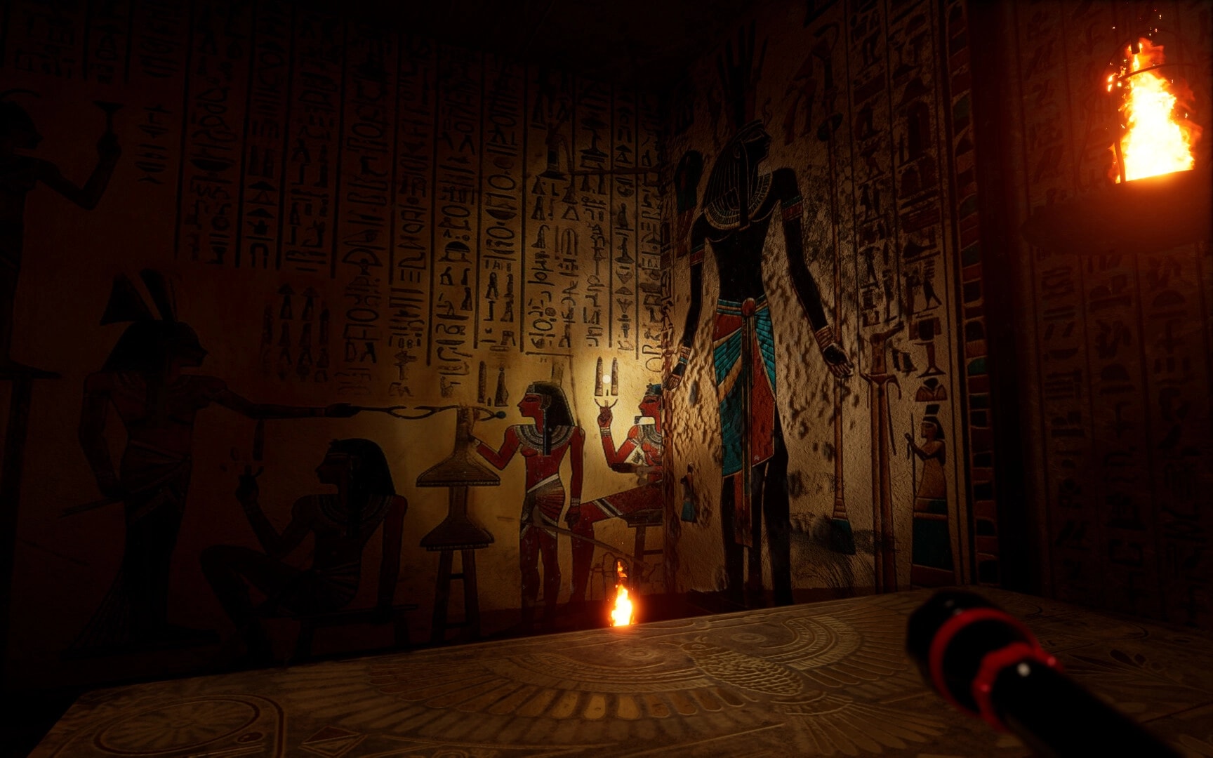 The Third: Torch-lit ancient murals depicting gods in a dark temple corridor