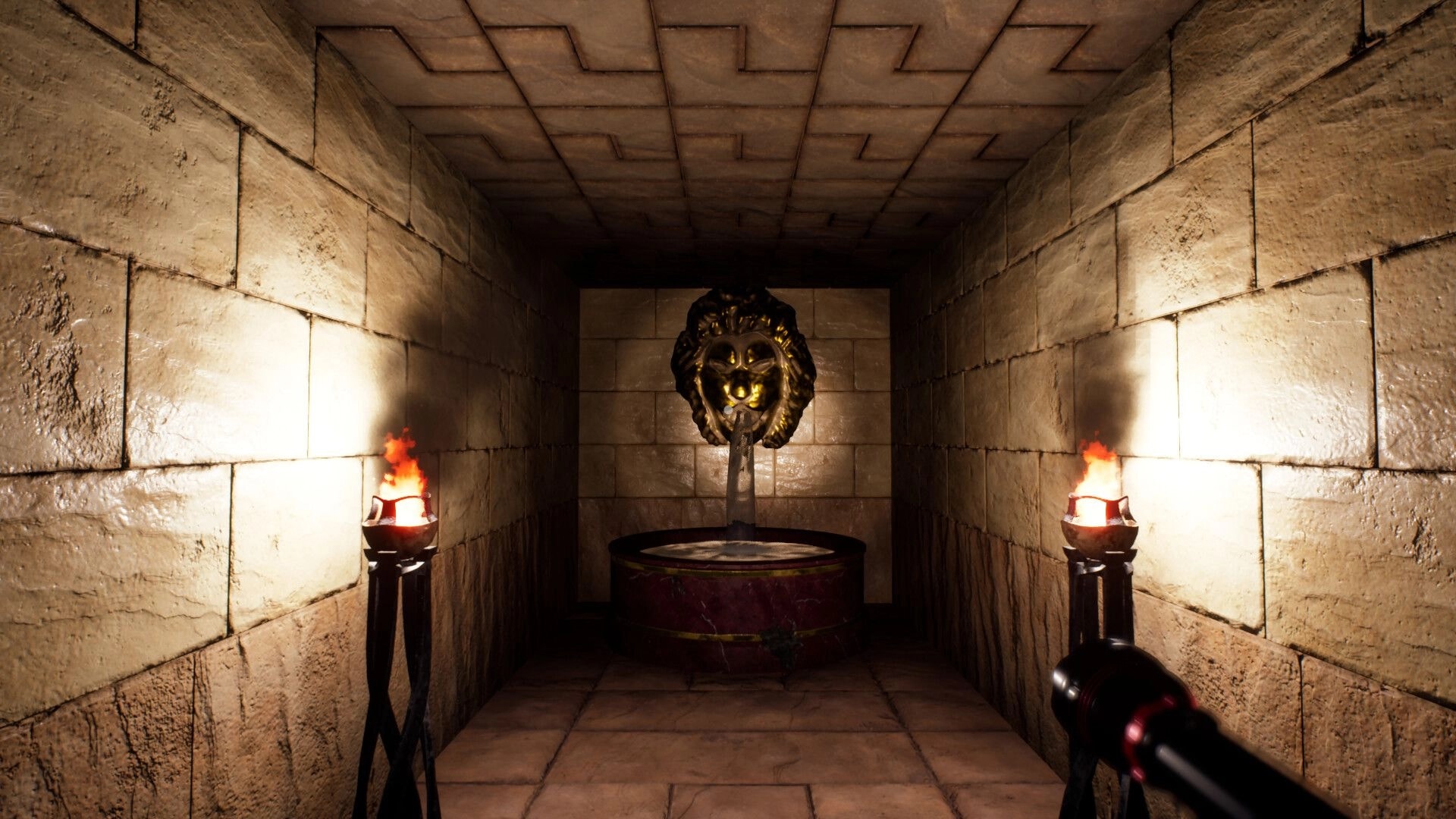 The Third: Torch-lit stone corridor with lion fountain in a mysterious ancient temple setting.