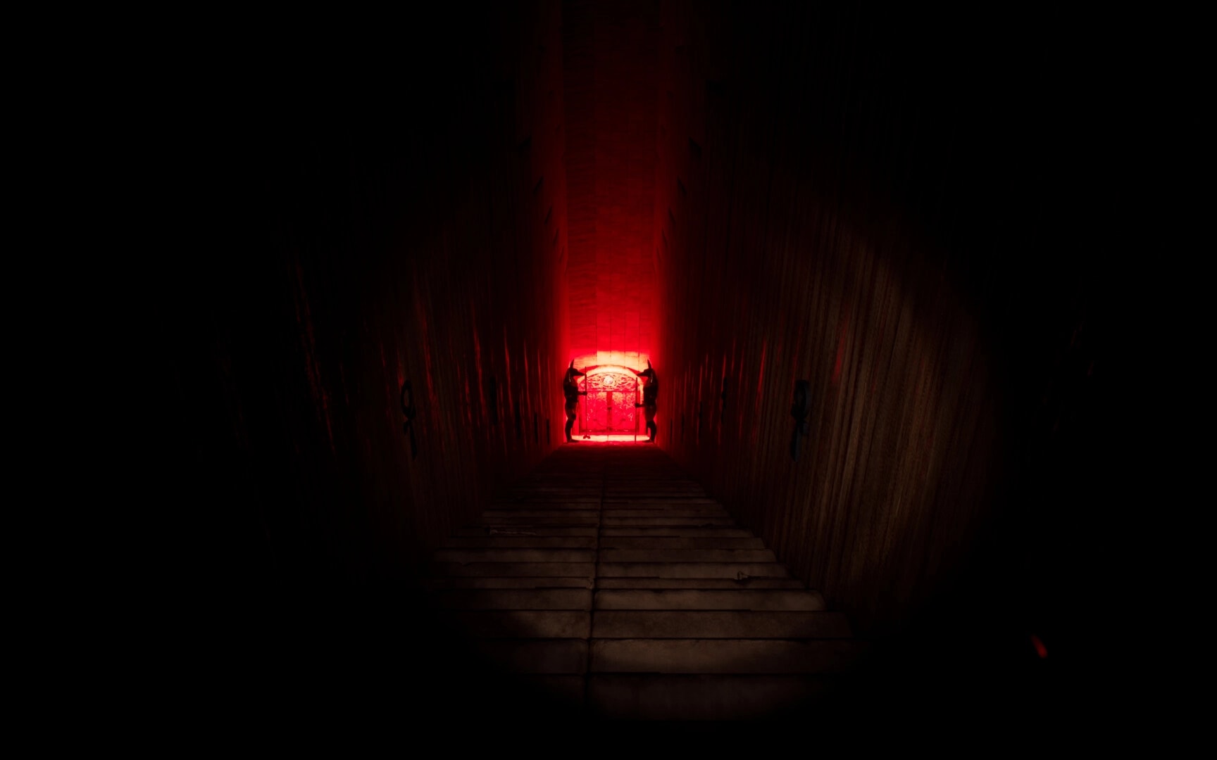 The Third: Descending shadowy stairs towards a glowing red gate in a dark, narrow temple corridor