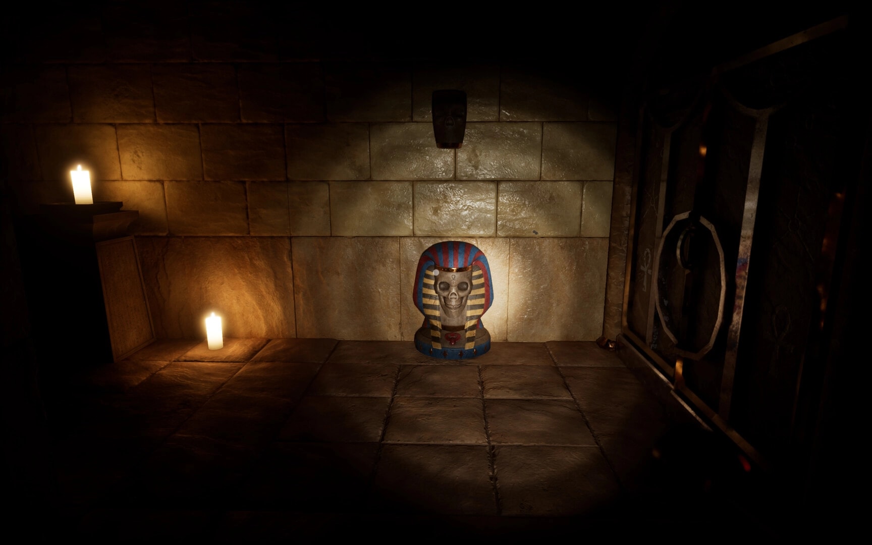 The Third: Dimly lit temple room with a pharaoh bust and glowing candles on stone floor