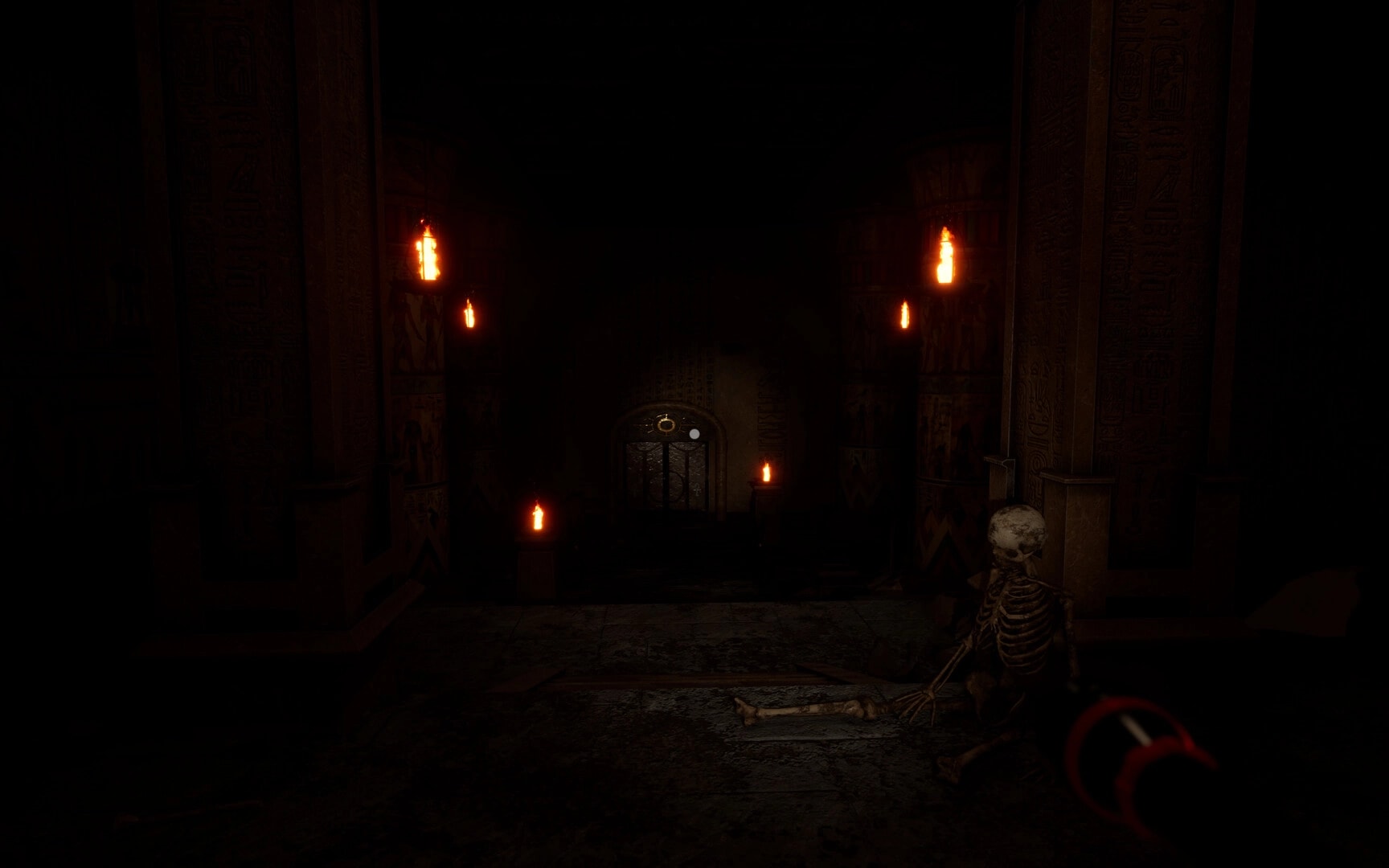 The Third: Skeleton near torch-lit ancient door in dark temple hallway