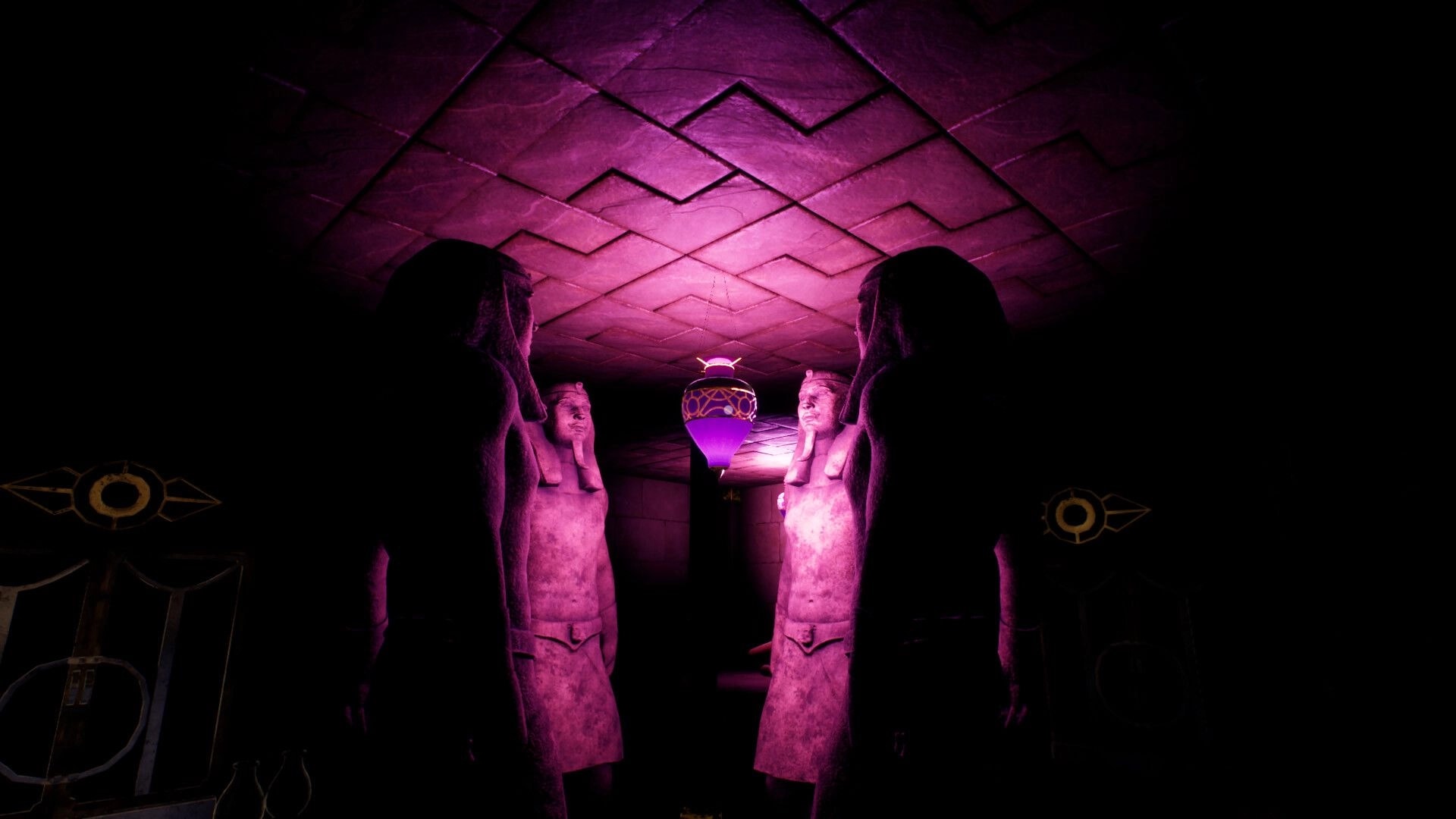 The Third: Four statues surrounding glowing purple urn in dimly lit temple corridor