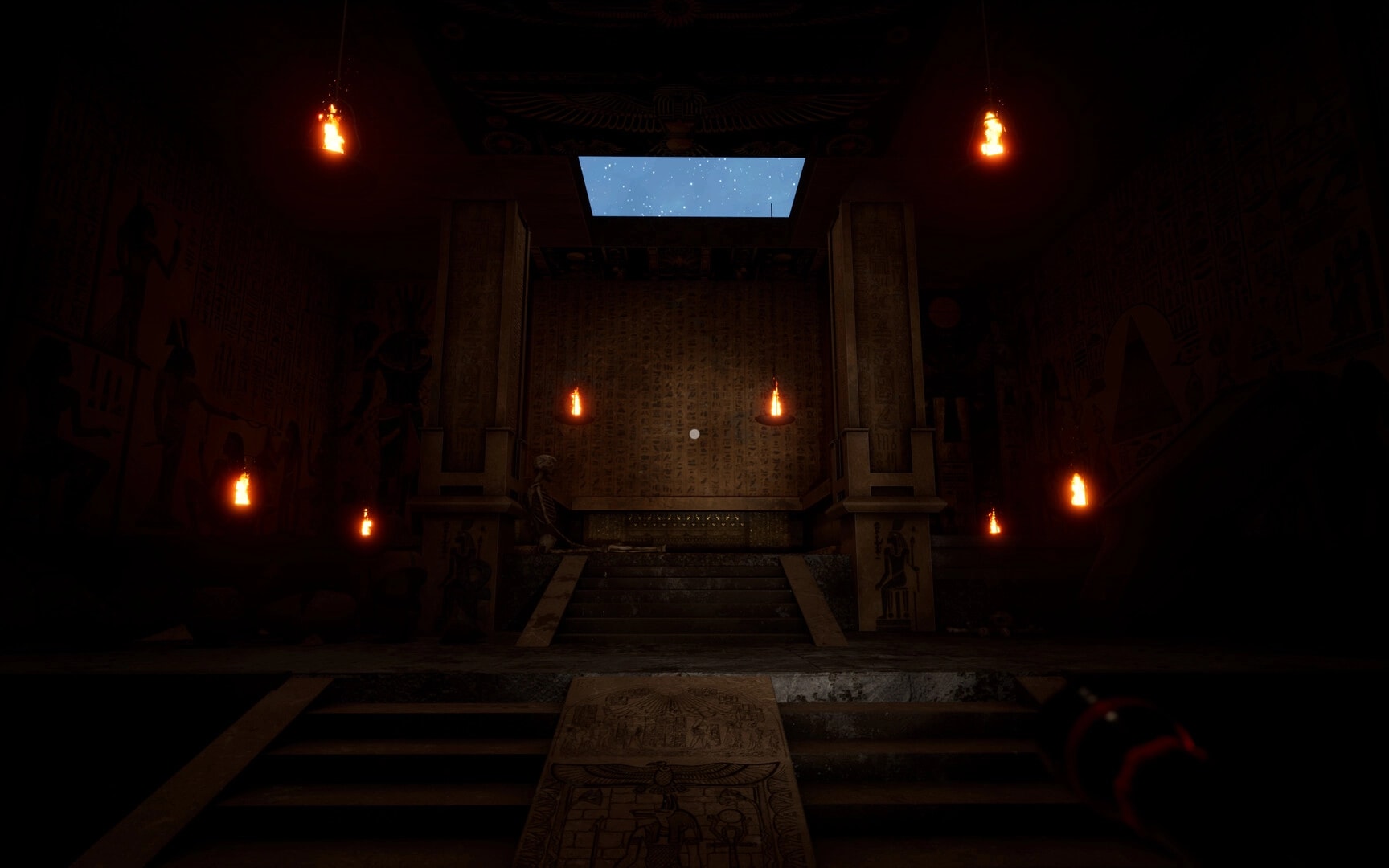 The Third: Exploring a dimly lit temple chamber with ancient hieroglyphs and glowing torches