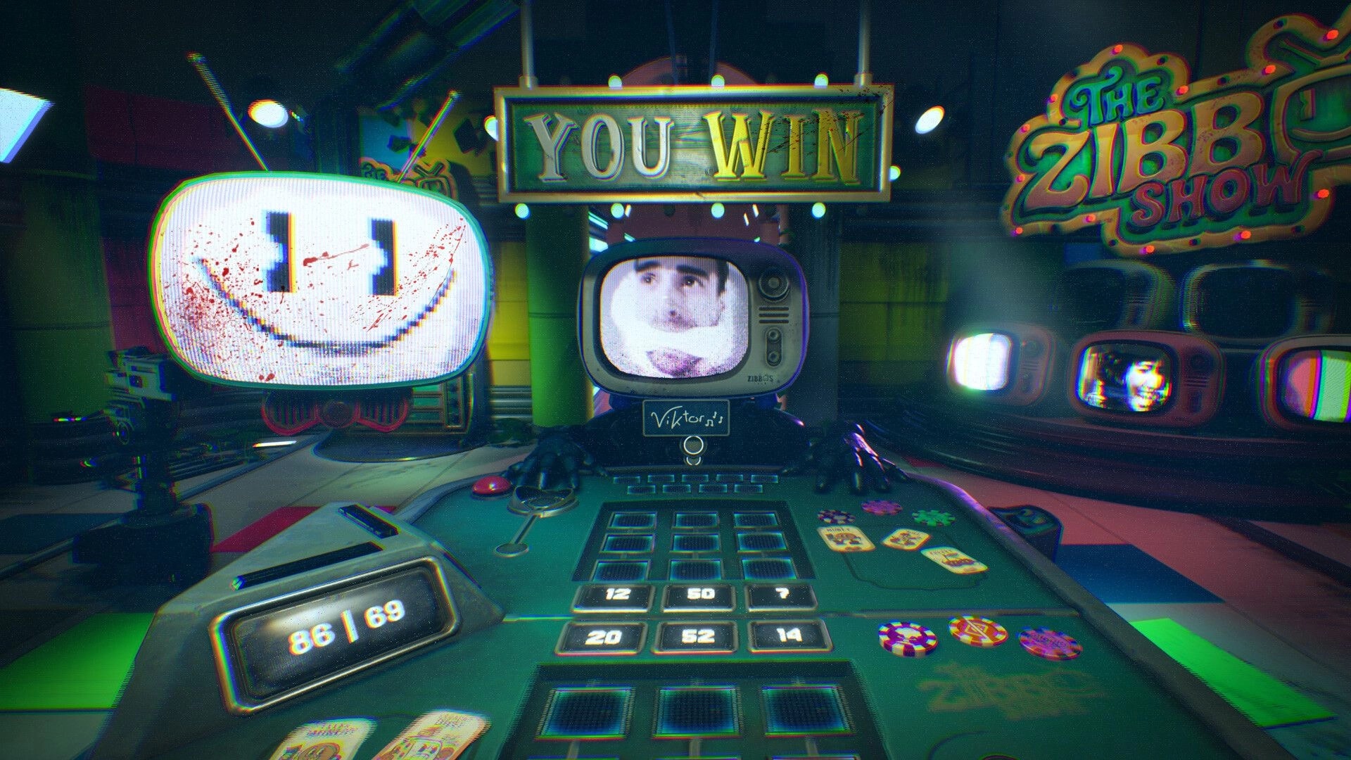 The Zibbo Show: YOU WIN banner above a TV host and betting desk in a neon-lit studio set.