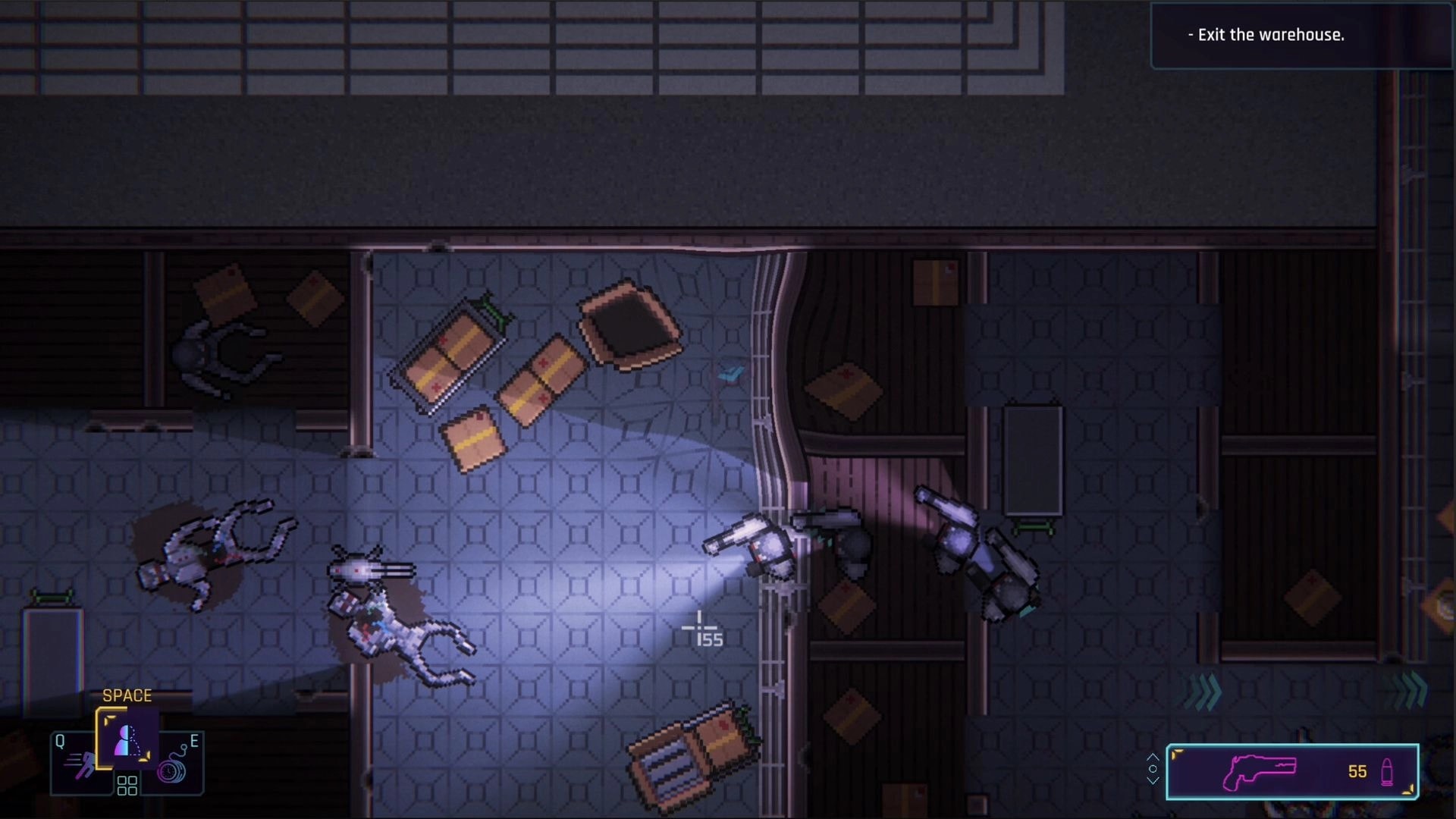 Thus Spoke the Donke: Top-down warehouse firefight with fallen guards, mission text “Exit the warehouse”.