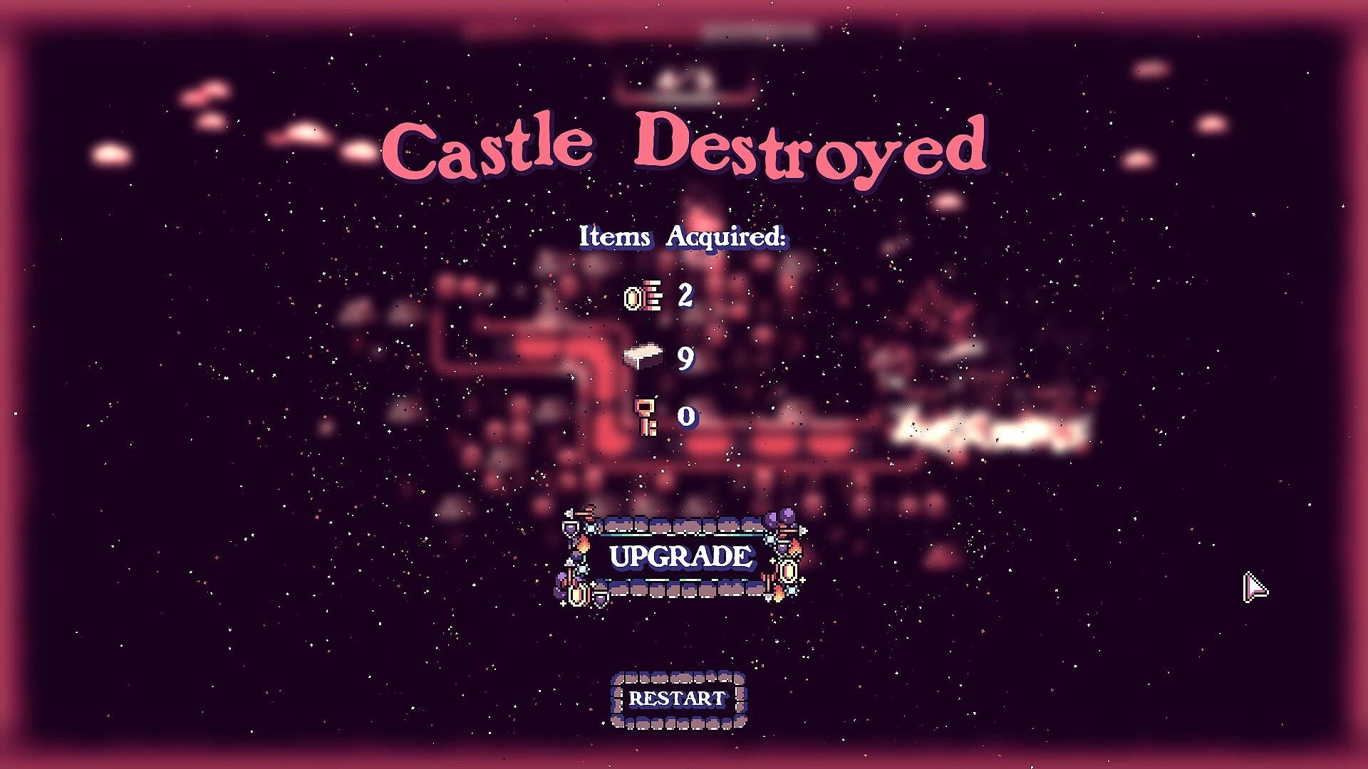 Tiny Towers: Castle Destroyed defeat screen with items acquired list and Upgrade/Restart buttons over ruins.