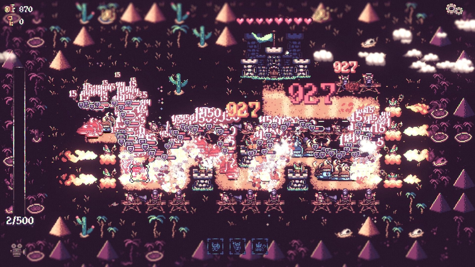 Tiny Towers: Towers blast swarming mobs as damage numbers fill screen in a desert fortress battle UI.