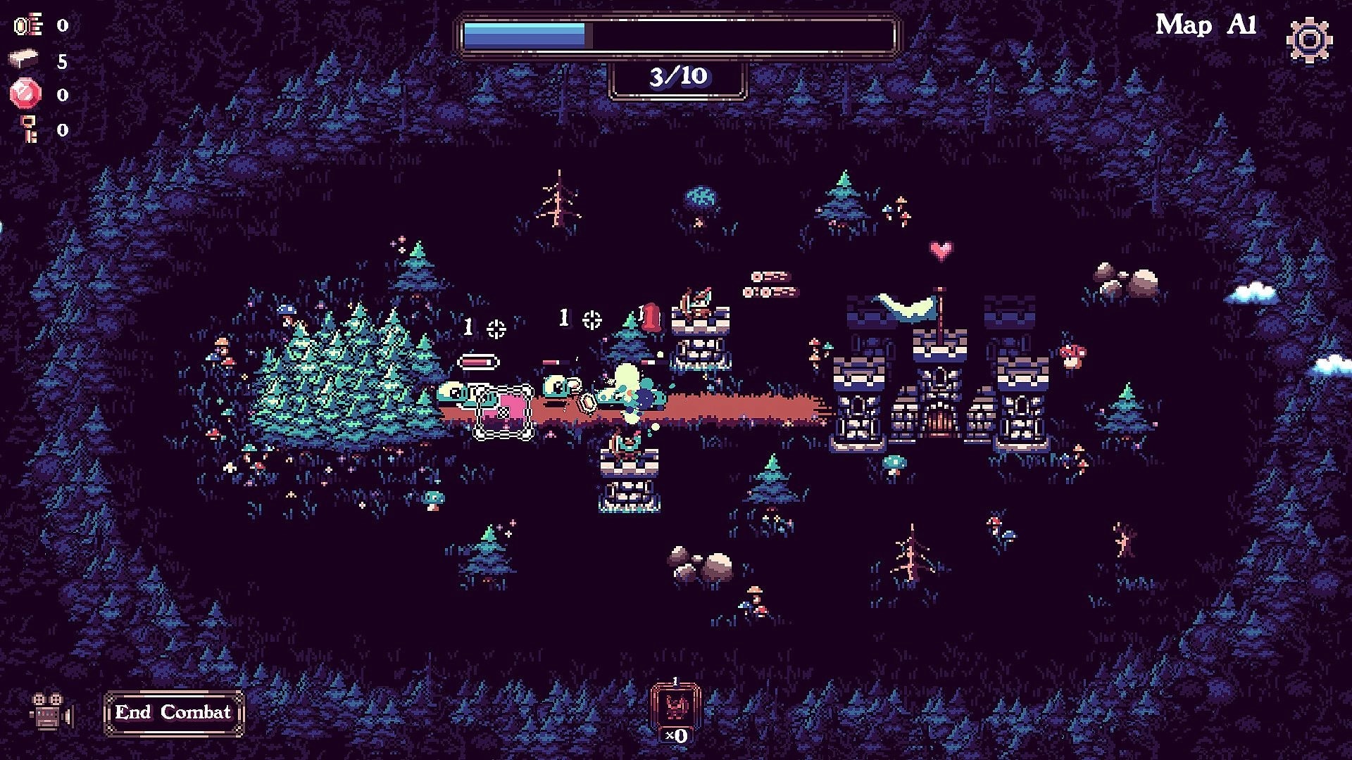 Tiny Towers: Towers fire on tiny mobs near a castle gate in a dark forest map with wave UI 3/10.