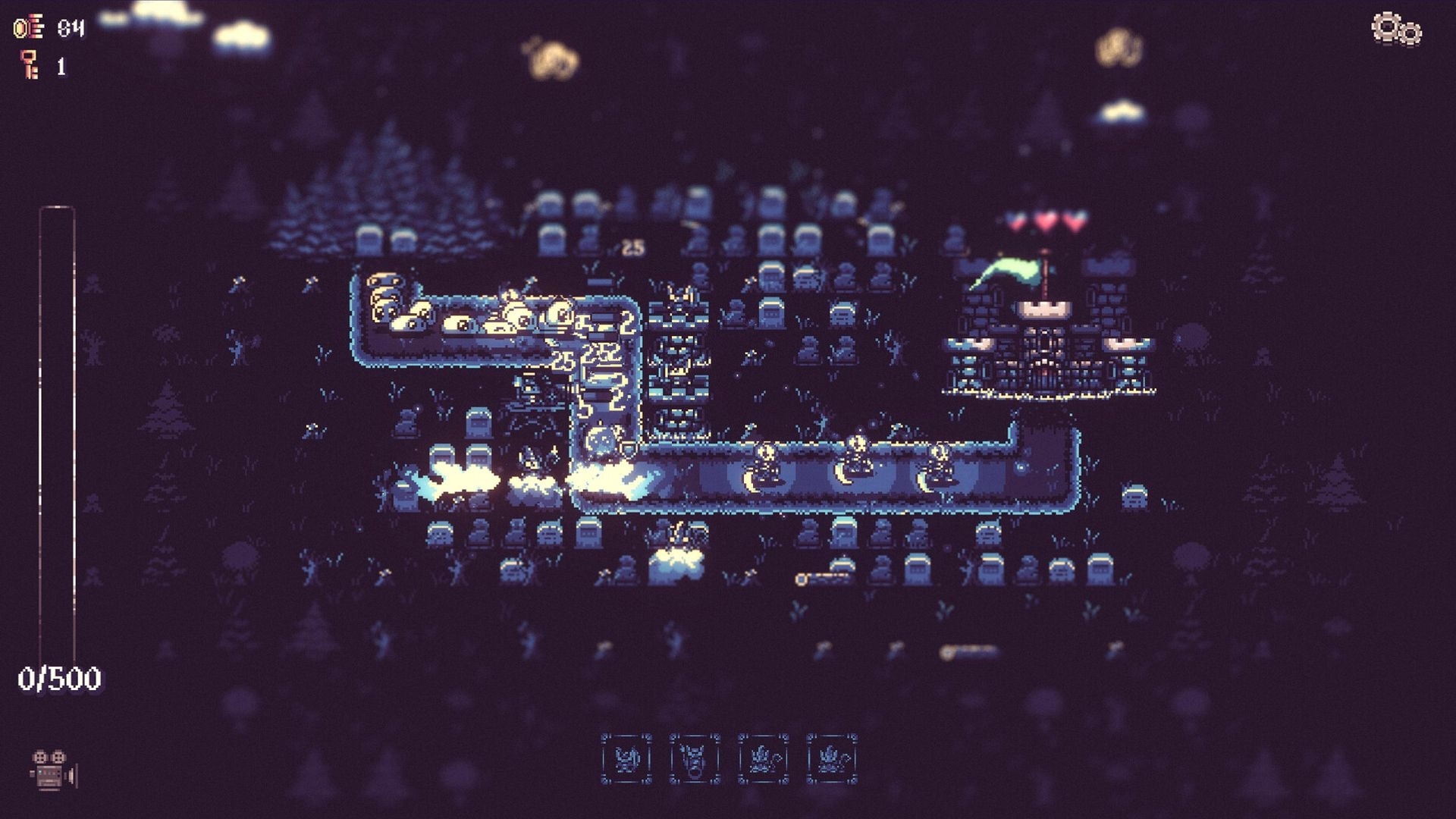 Tiny Towers: Towers fire along a winding path toward a castle in a graveyard at night with UI hearts.