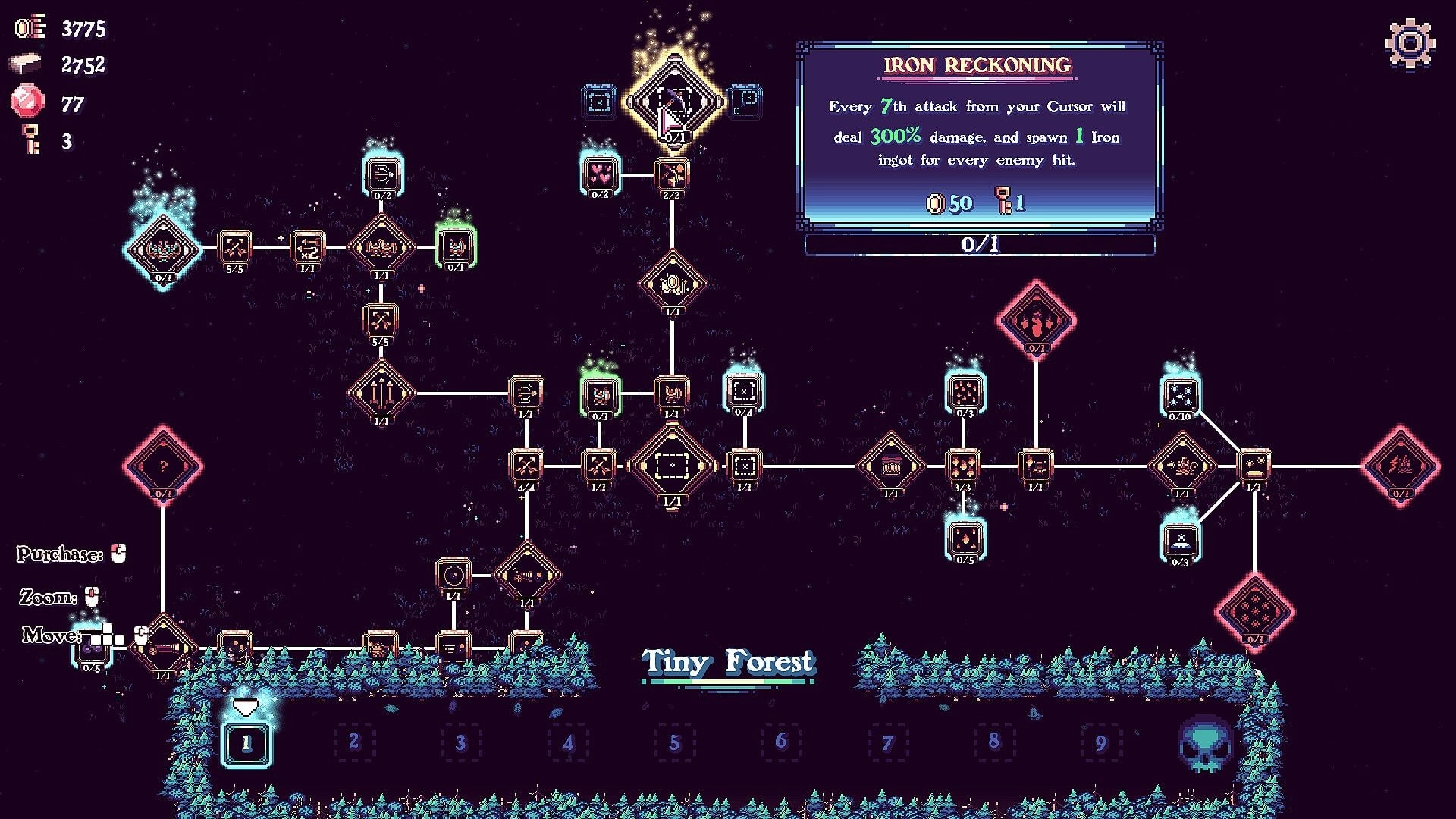 Tiny Towers: Skill tree upgrade map with Iron Reckoning tooltip over Tiny Forest backdrop UI.