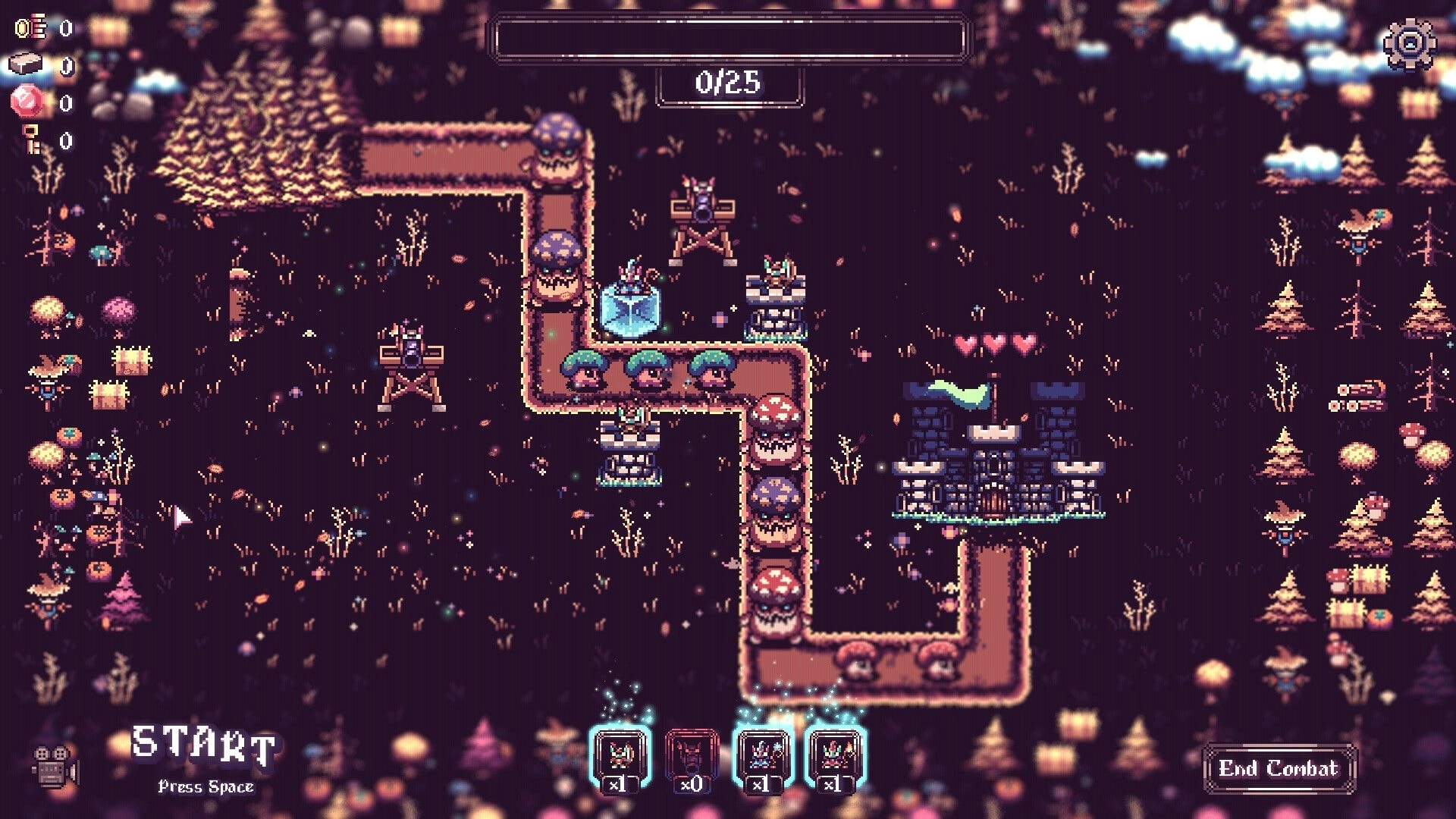 Tiny Towers: Tower defense map with goblin towers guarding a winding path to a small castle at night.