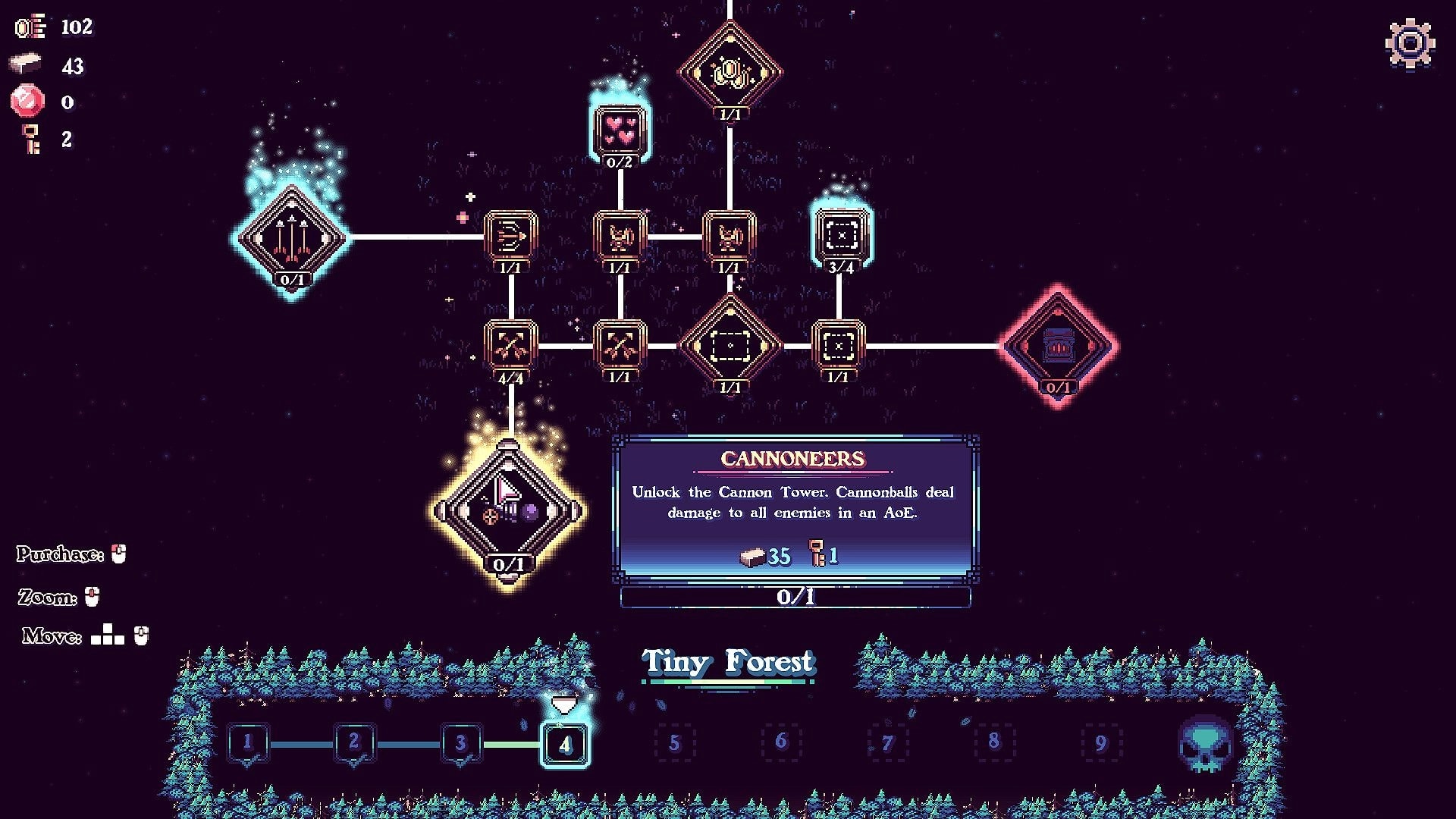 Tiny Towers: Skill tree upgrade screen highlighting Cannoneers node in Tiny Forest map menu UI.