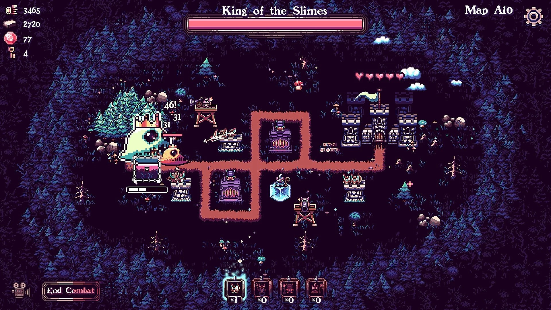 Tiny Towers: Boss fight vs King of the Slimes as towers defend a small castle in dark forest map A10.