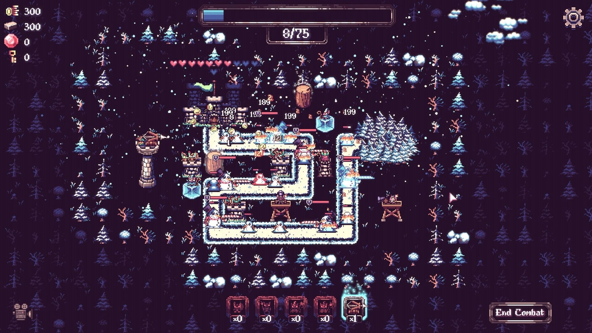 Tiny Towers: Snowy maze fortress under attack with towers firing, resource HUD and End Combat button in forest.