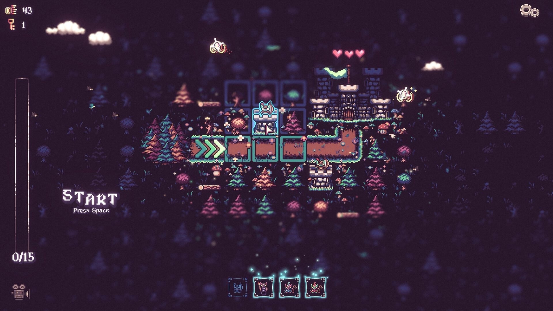 Tiny Towers: Start screen with fortress path tiles, hearts and resource counters in a dark forest map.
