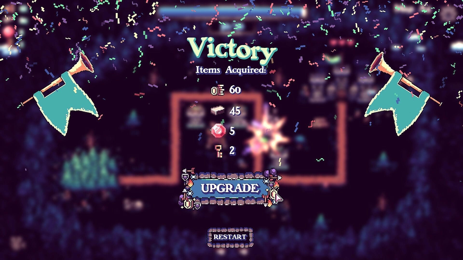 Tiny Towers: Victory loot screen with confetti and Upgrade button over a blurred dungeon map background.