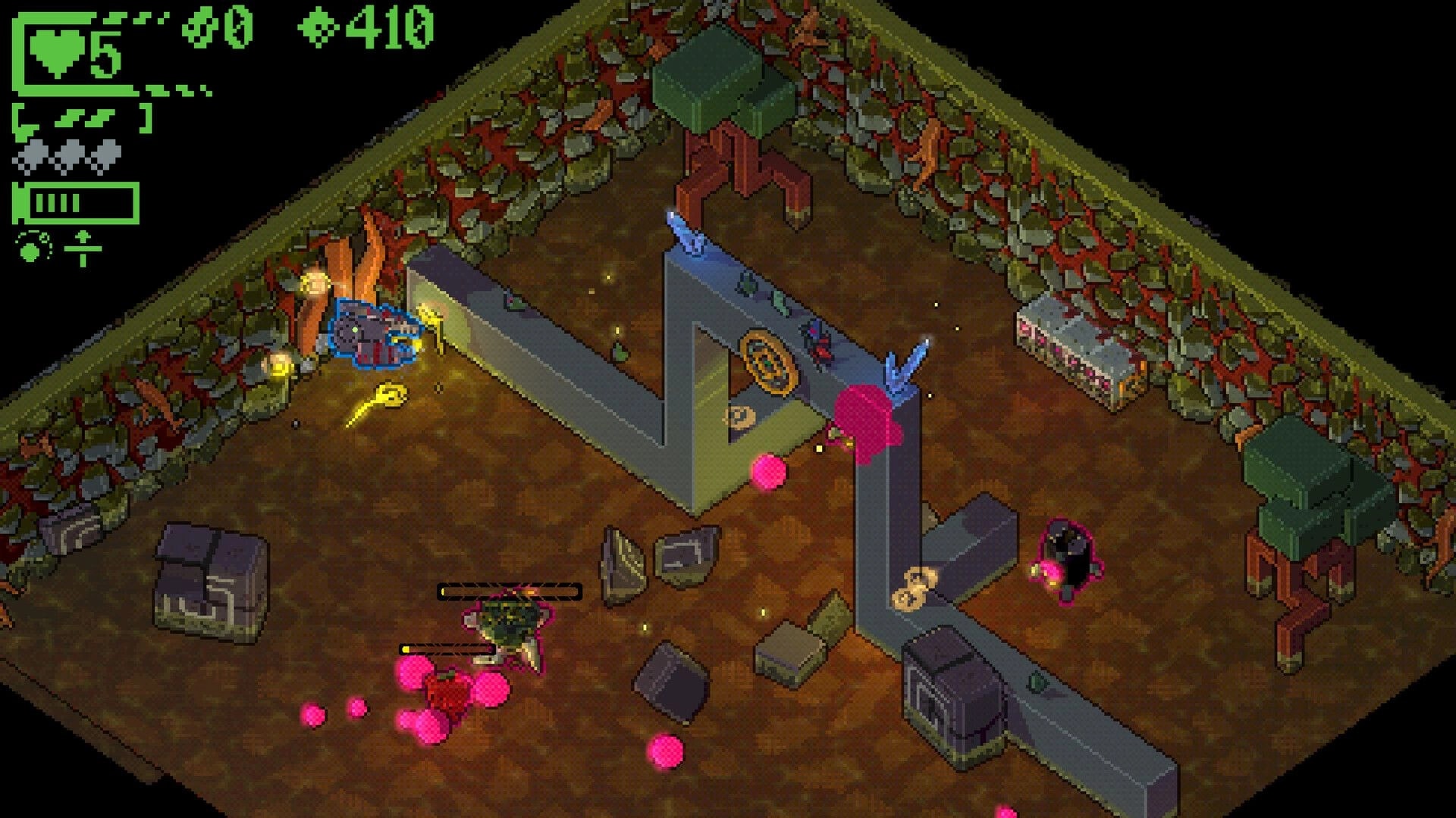 Tomb of the New God: Player fires at enemies amid stone walls and trees in a cave arena HUD visible.