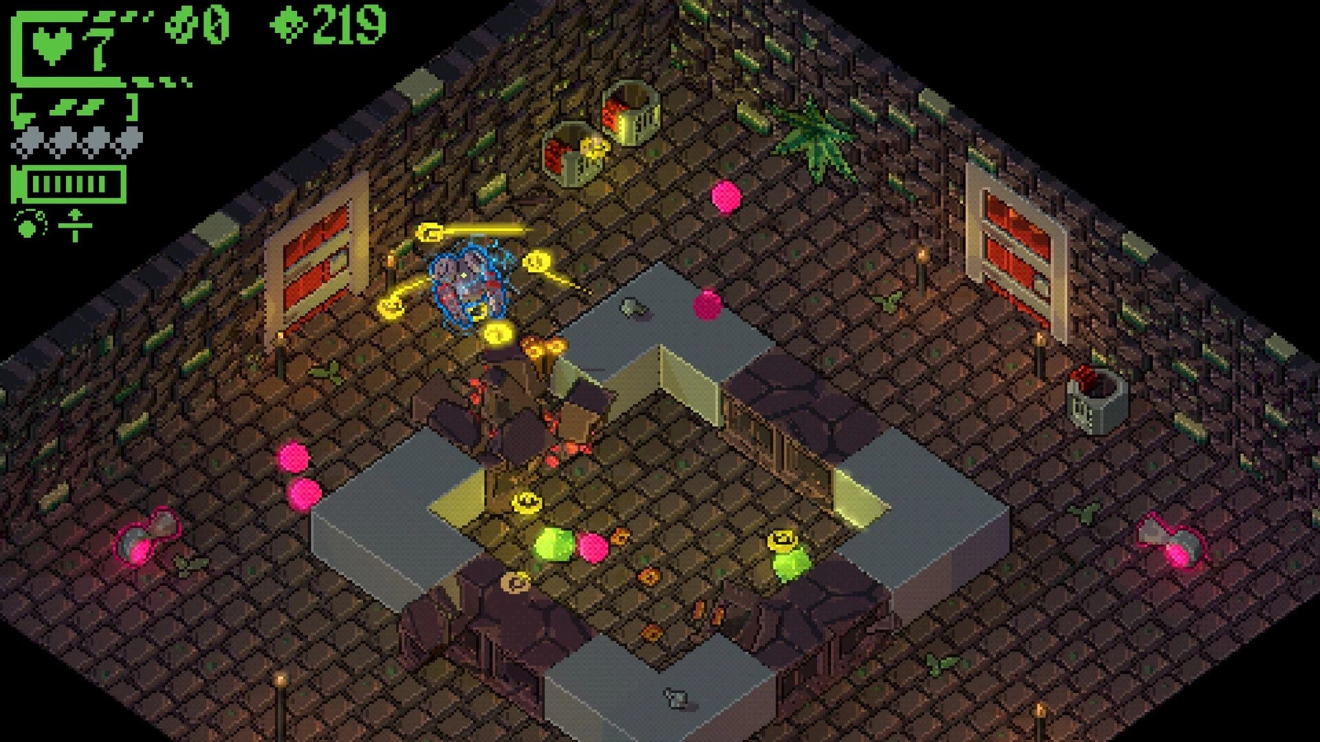 Tomb of the New God: Player fires orbiting shots at foes in a brick chamber with health UI and loot orbs.