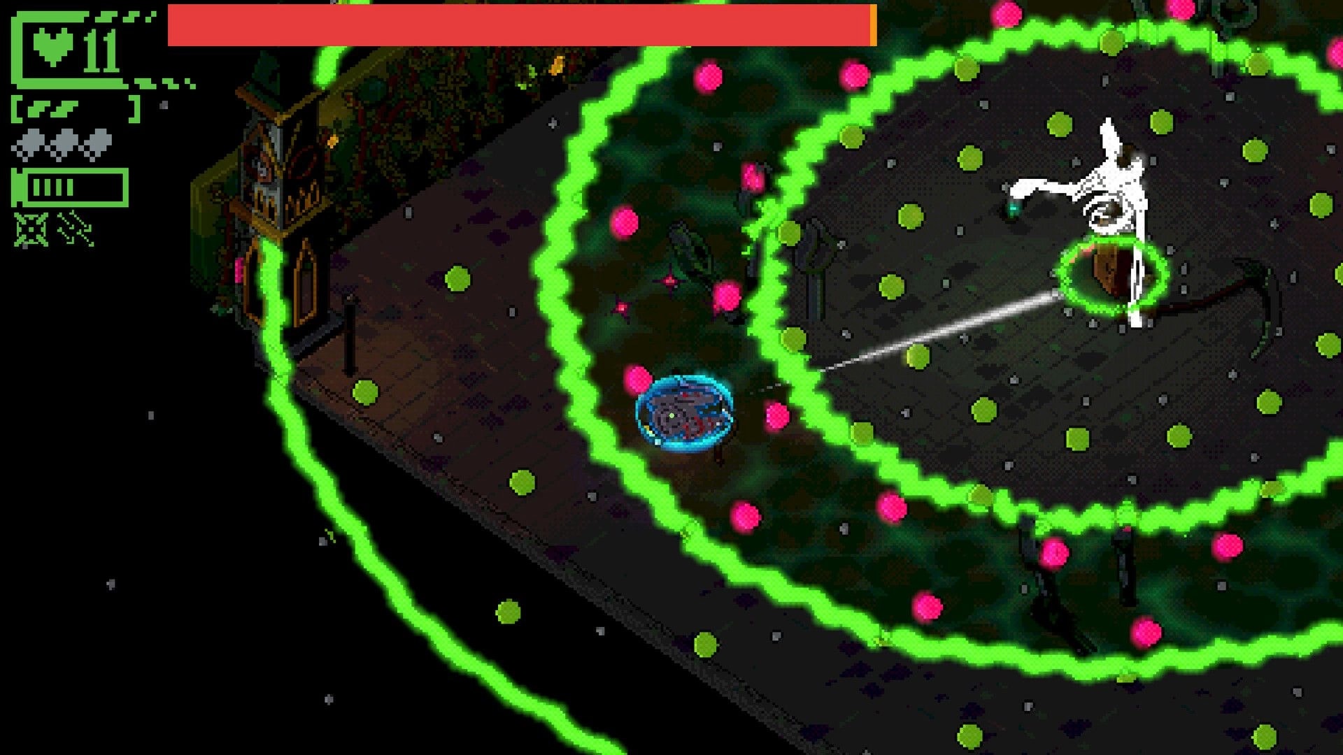 Tomb of the New God: Player dodges green bullet rings and lasers in a dark cavern arena HUD visible.