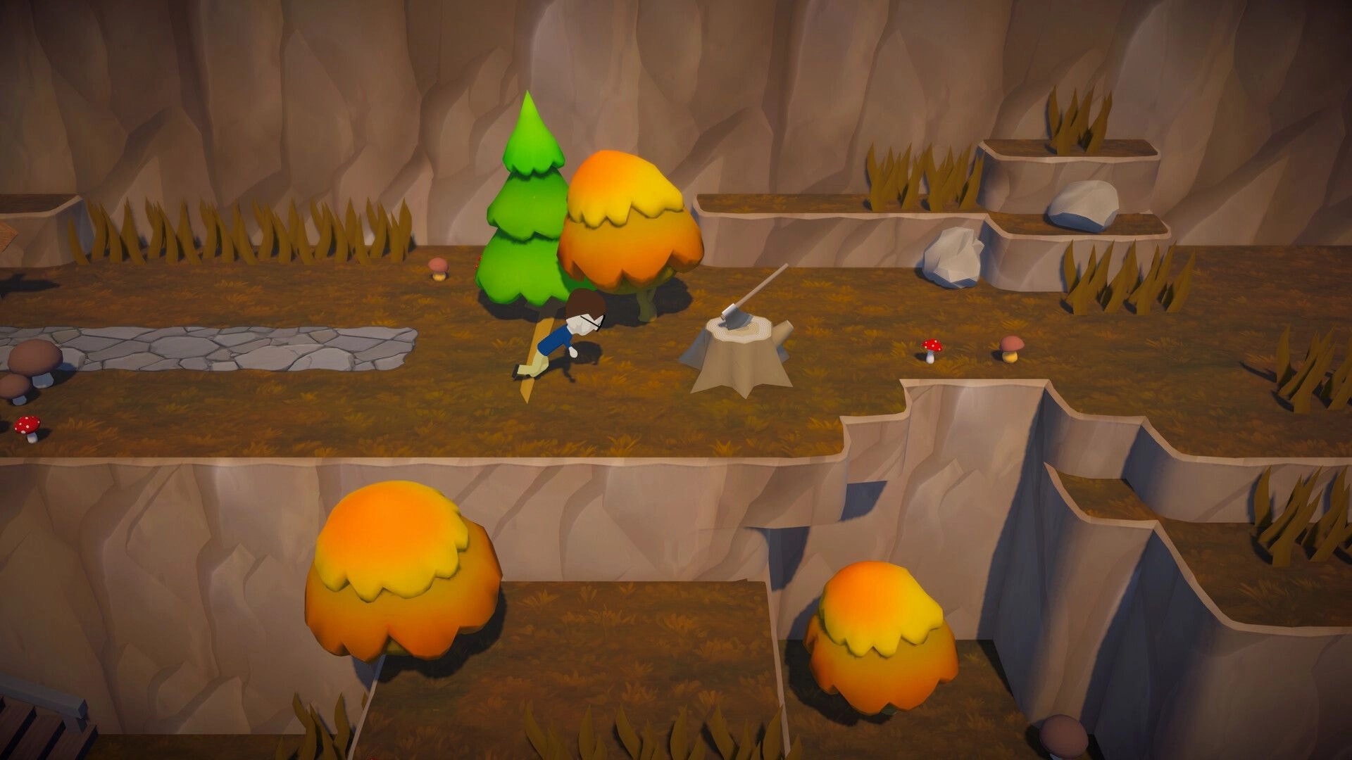 Trees Hate You: Player walks past a tree stump with an axe on a cliffside forest path with mushrooms.