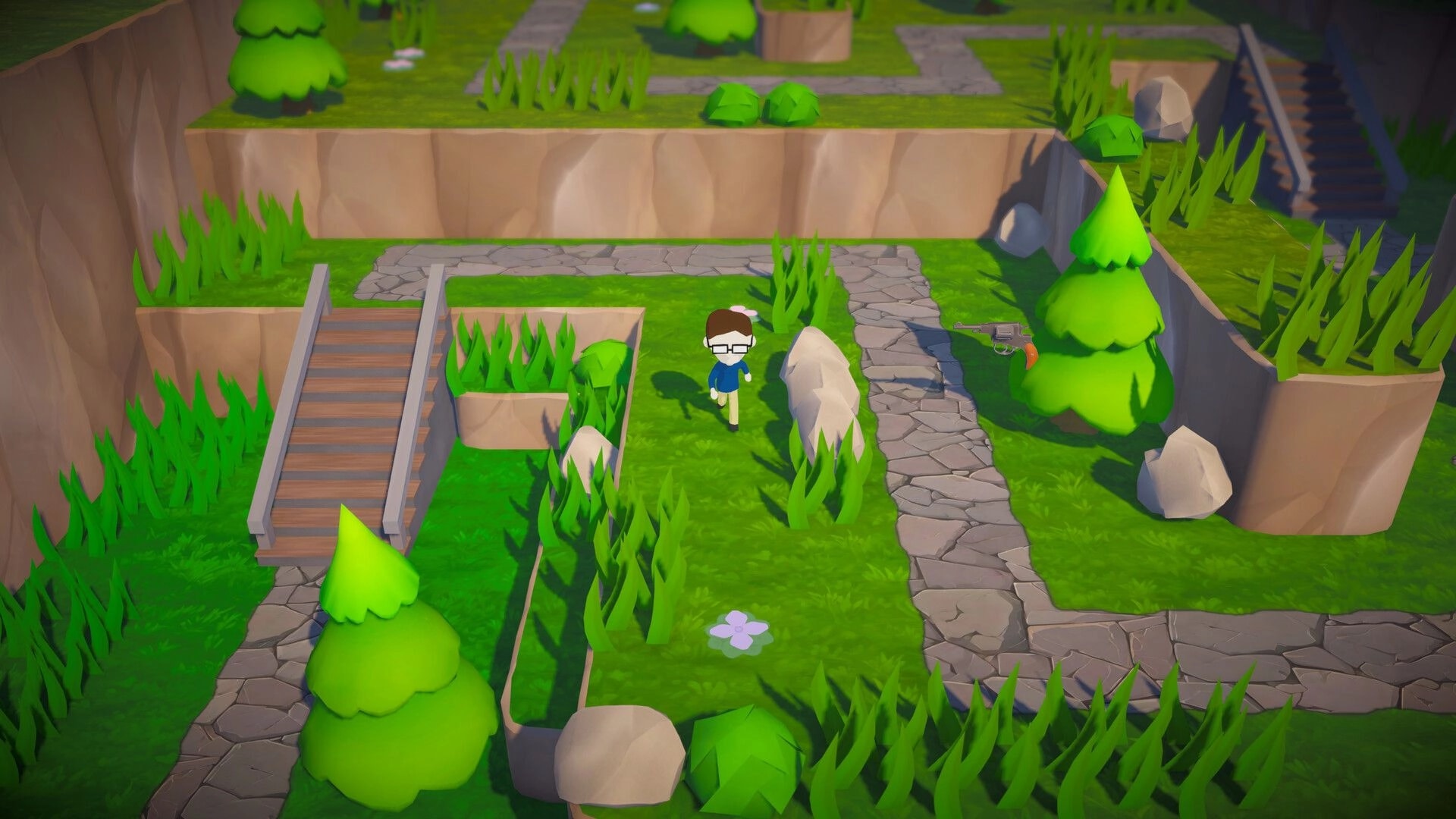 Trees Hate You: Player walks by rocks toward a pistol on a stone path in a bright grassy forest clearing.