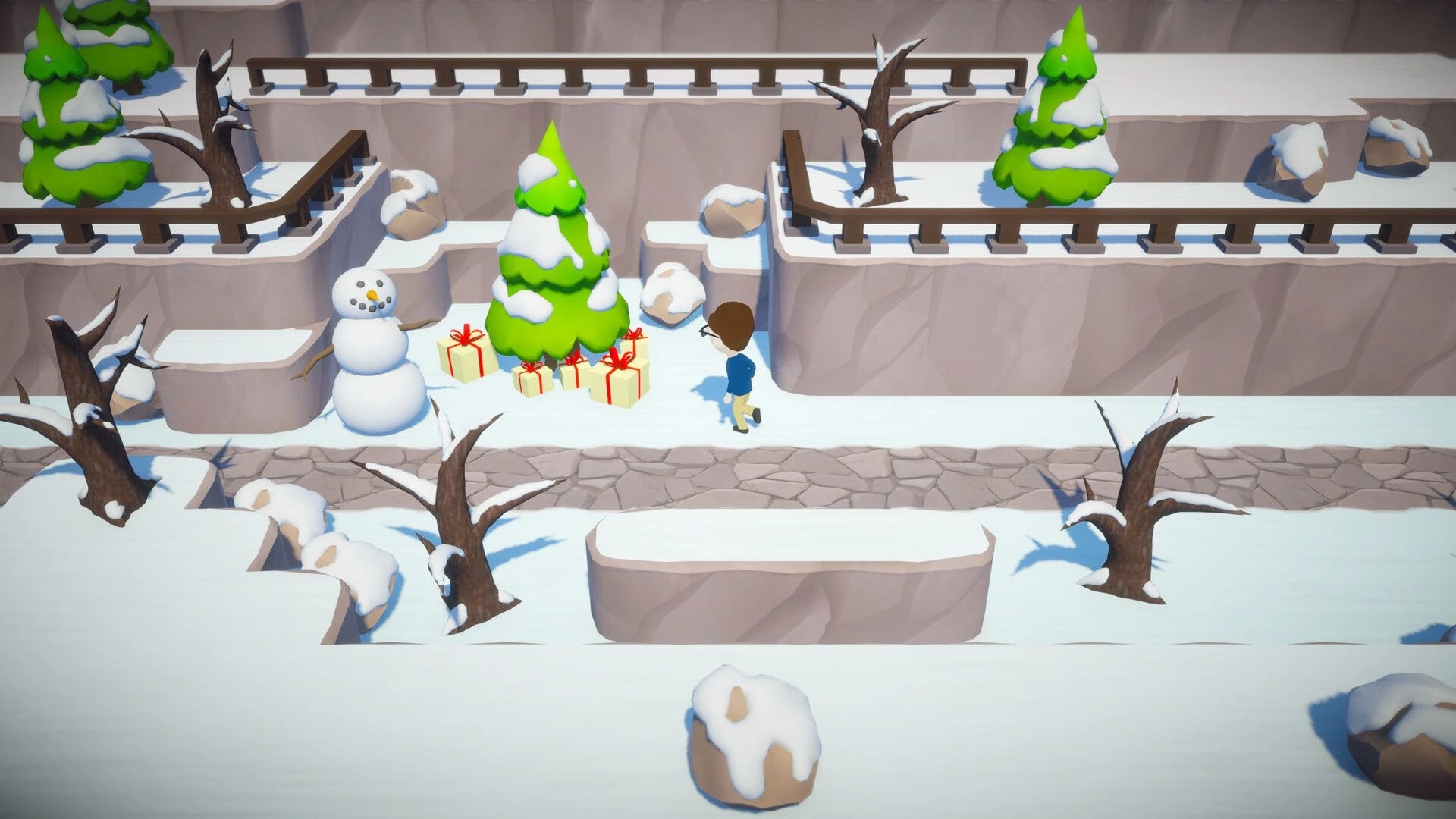 Trees Hate You: Player walks past snowman and gift boxes on a snowy canyon path with trees.