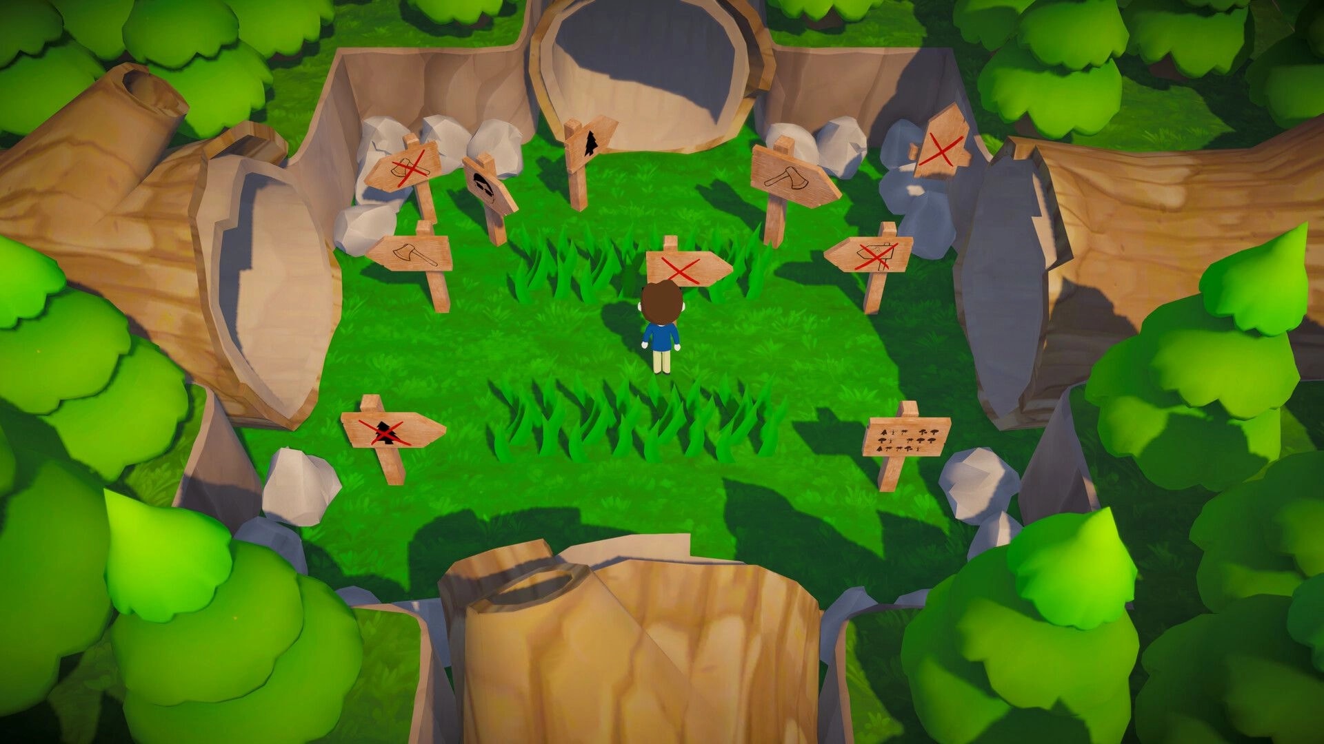 Trees Hate You: Player stands in grassy clearing with warning signposts among chopped logs and rocks.